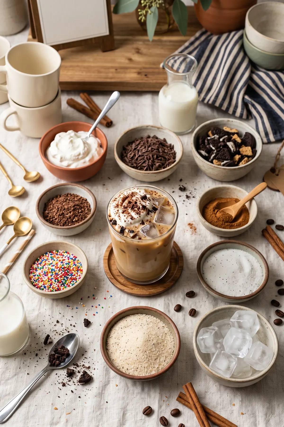 A coffee toppings bar with small bowls of whipped cream, chocolate shavings, cookies, cinnamon, and sprinkles