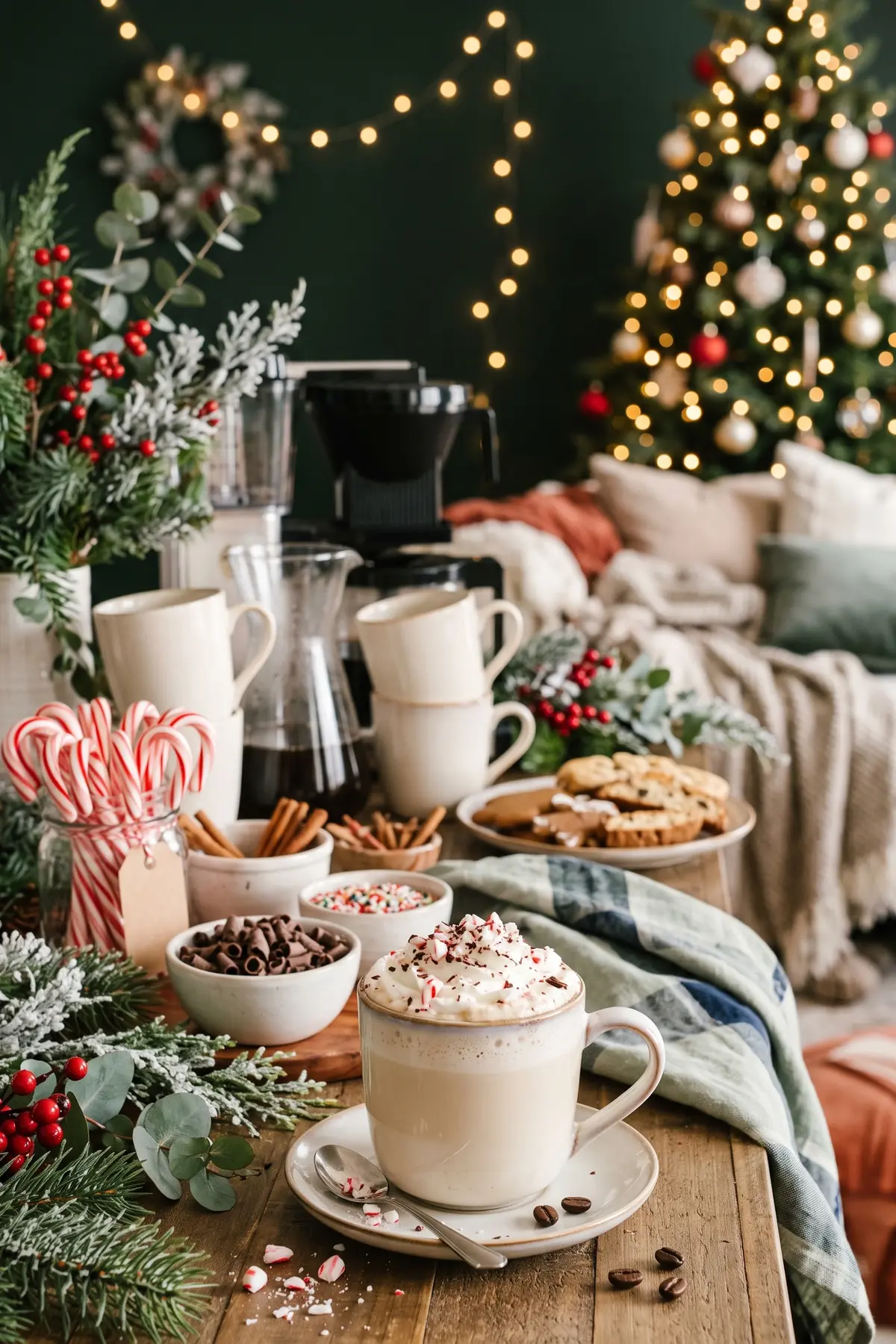 A holiday coffee bar with peppermint and gingerbread flavors and candy cane stirrers