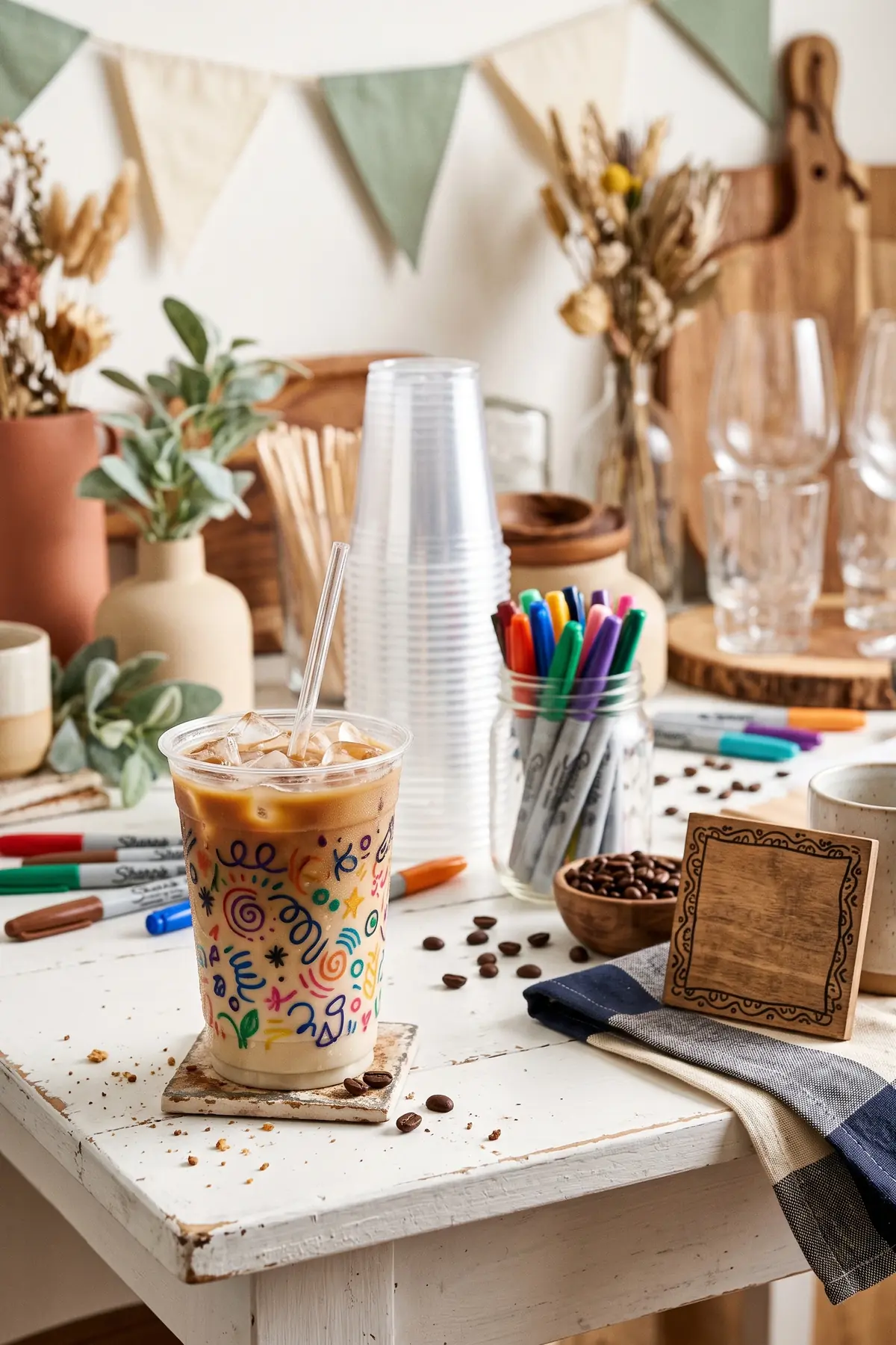 A personalized cup station with plain cups and markers for guests