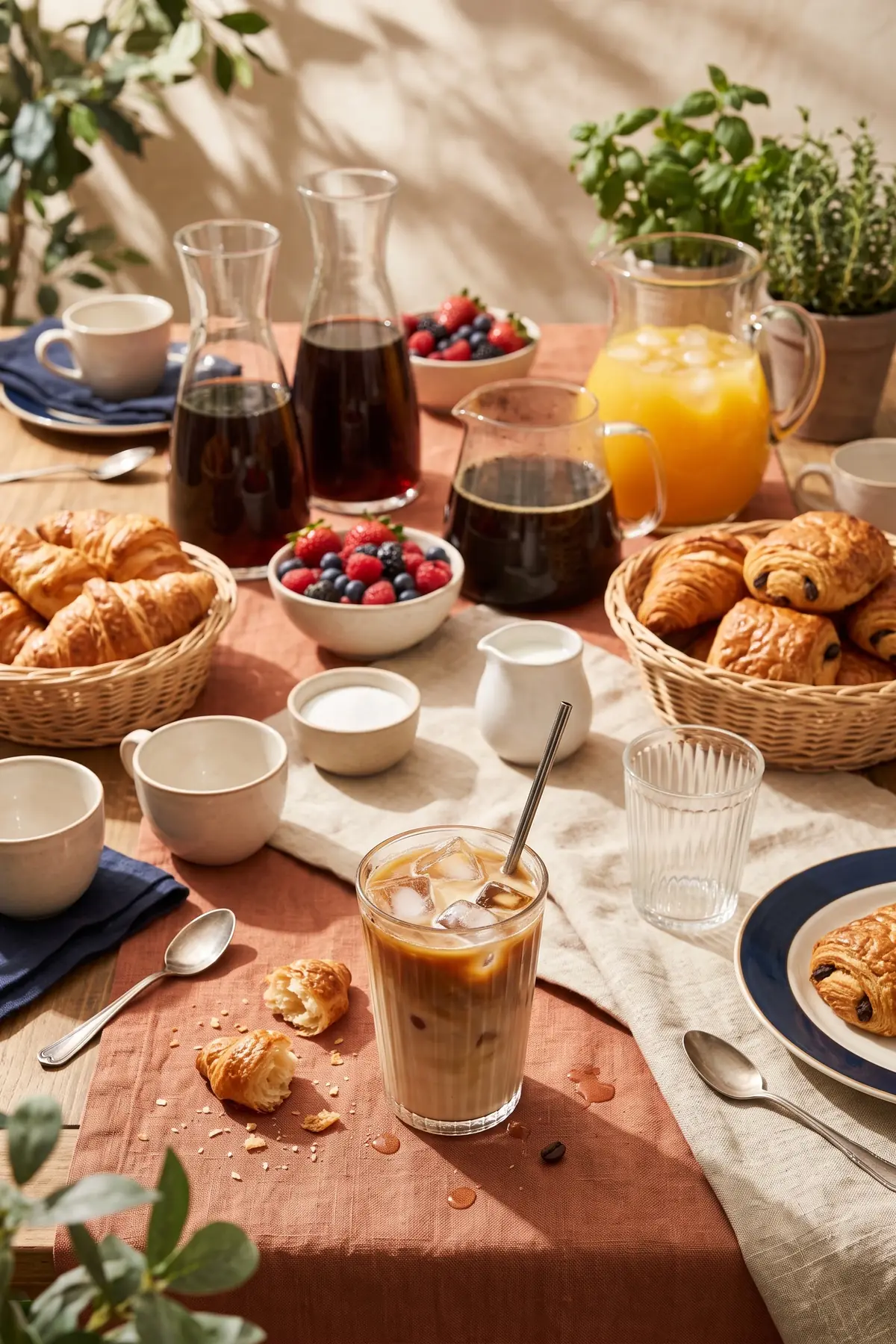 A brunch coffee bar with pastries, fruit, juice, and a carafe of cold brew