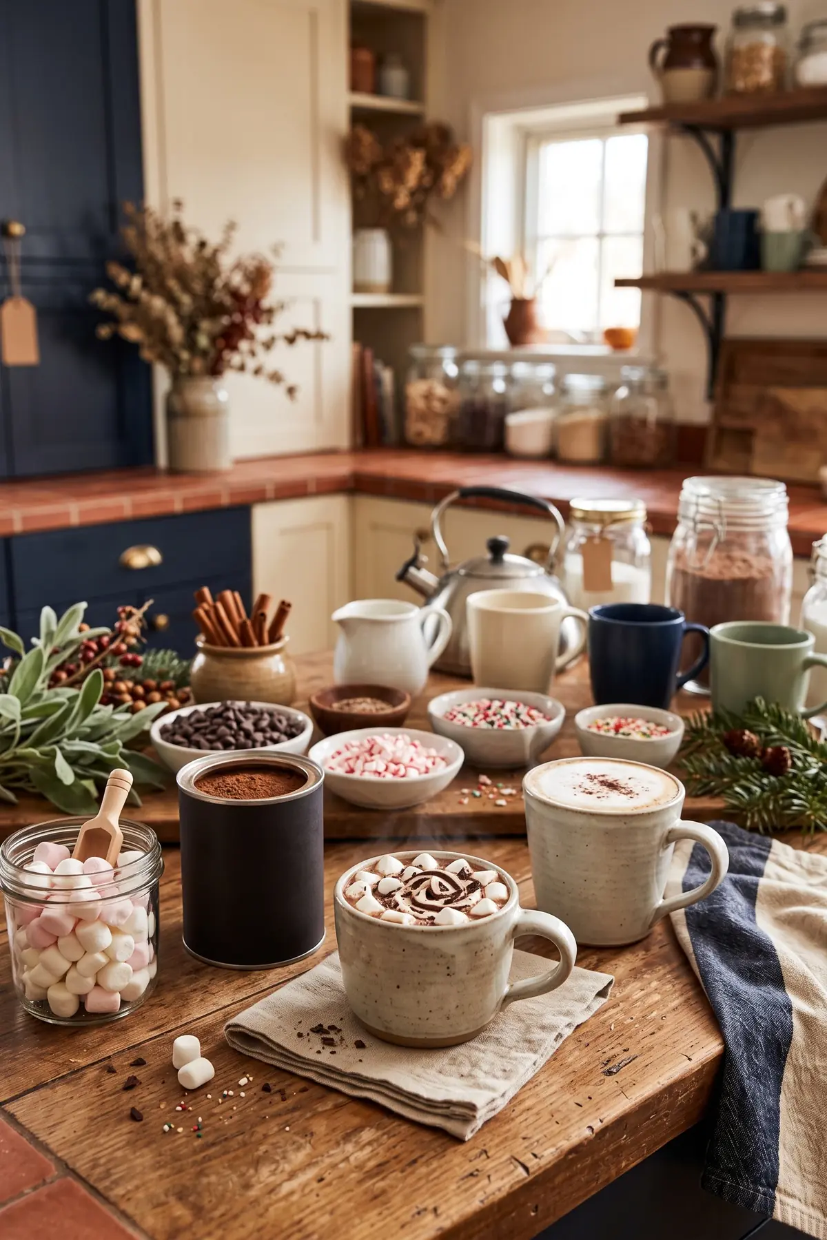 A kids’ hot cocoa station with marshmallows next to the coffee