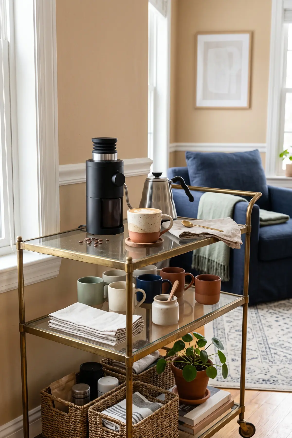 A rolling bar cart set up as a coffee station with mugs and supplies