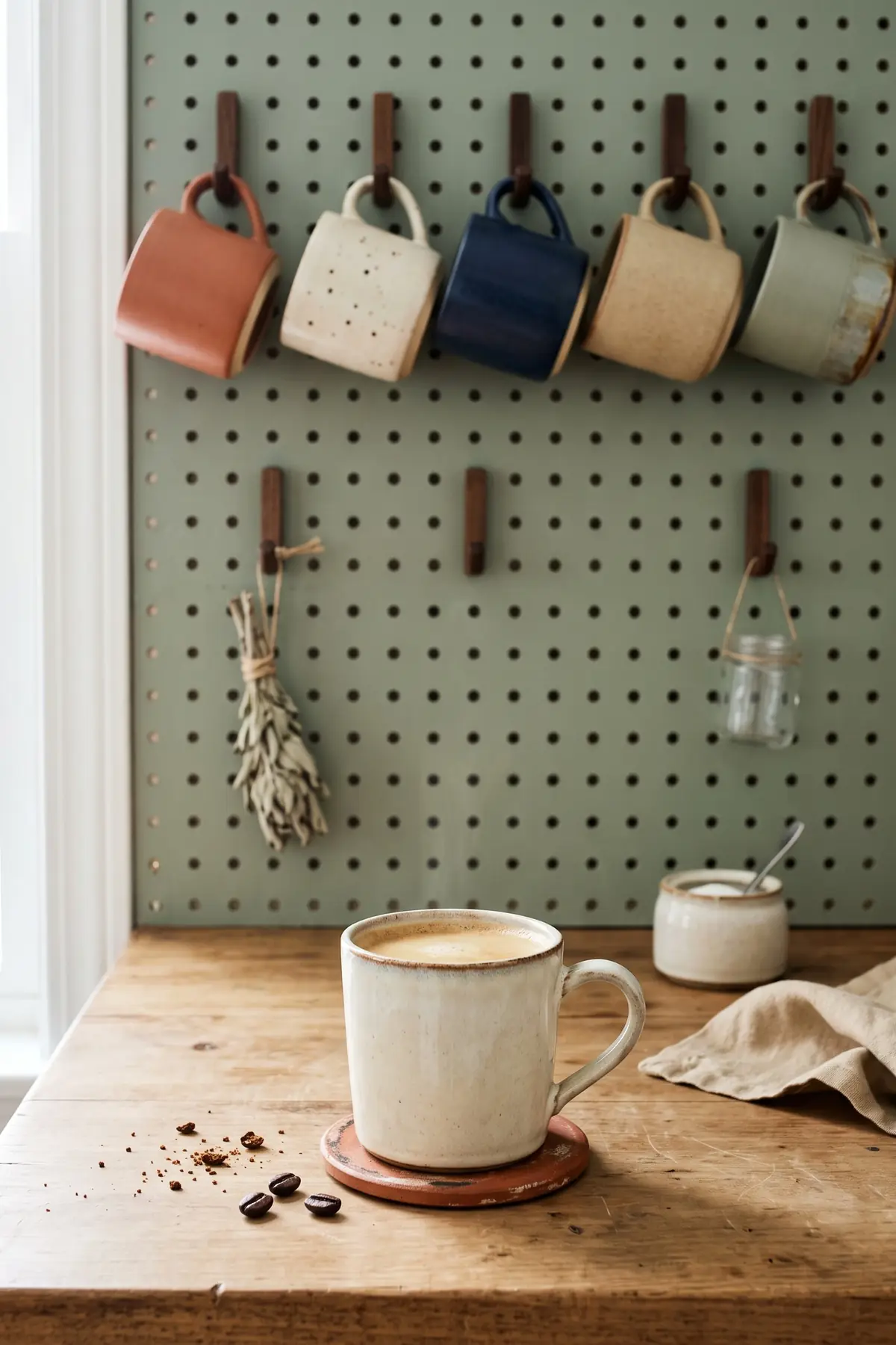A pegboard mug wall with coffee mugs hanging on hooks