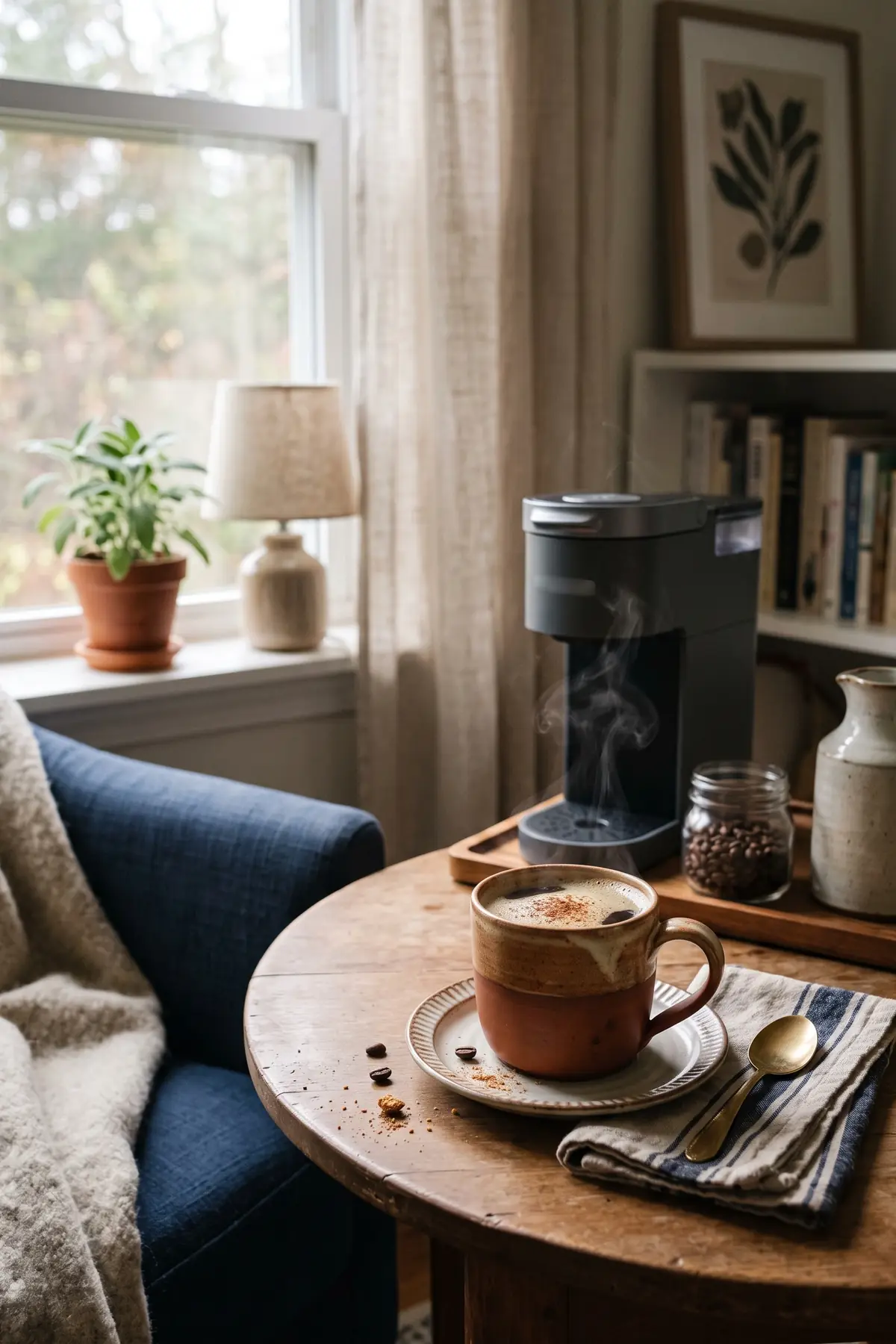 A cozy coffee nook in a corner with a small table, a coffee maker, and a lamp