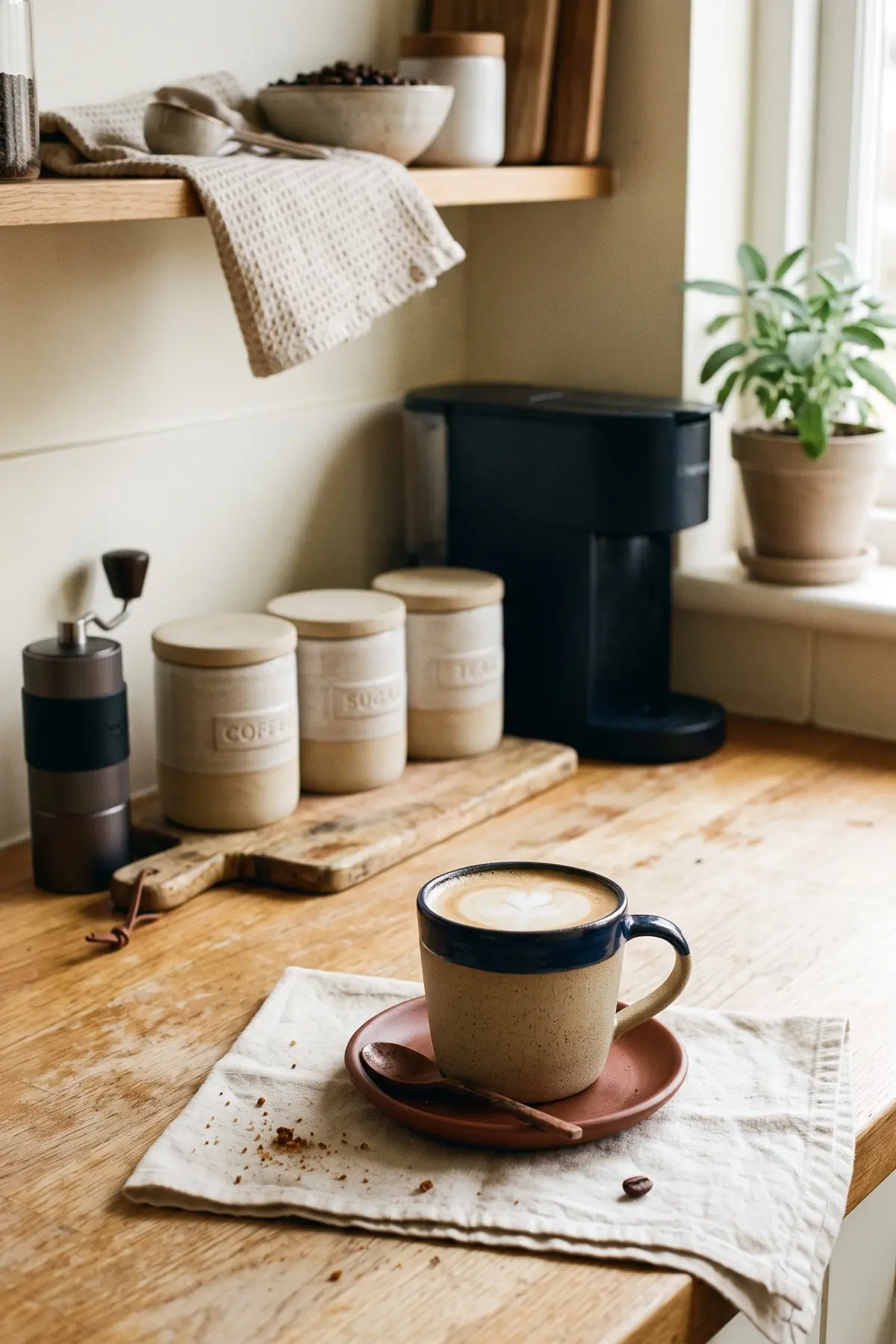 A countertop coffee corner with coffee essentials next to the coffee maker