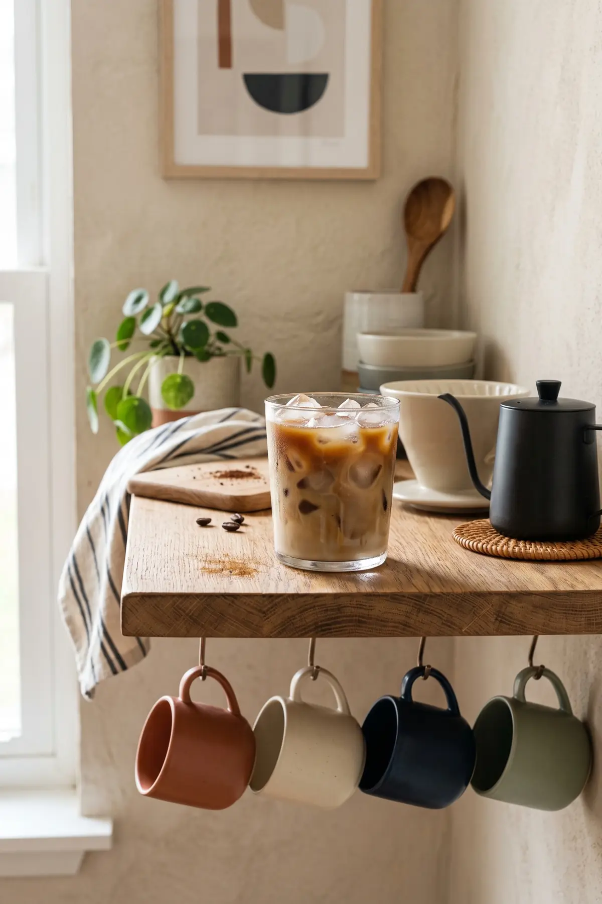 A wall-mounted coffee bar shelf with hooks for cups