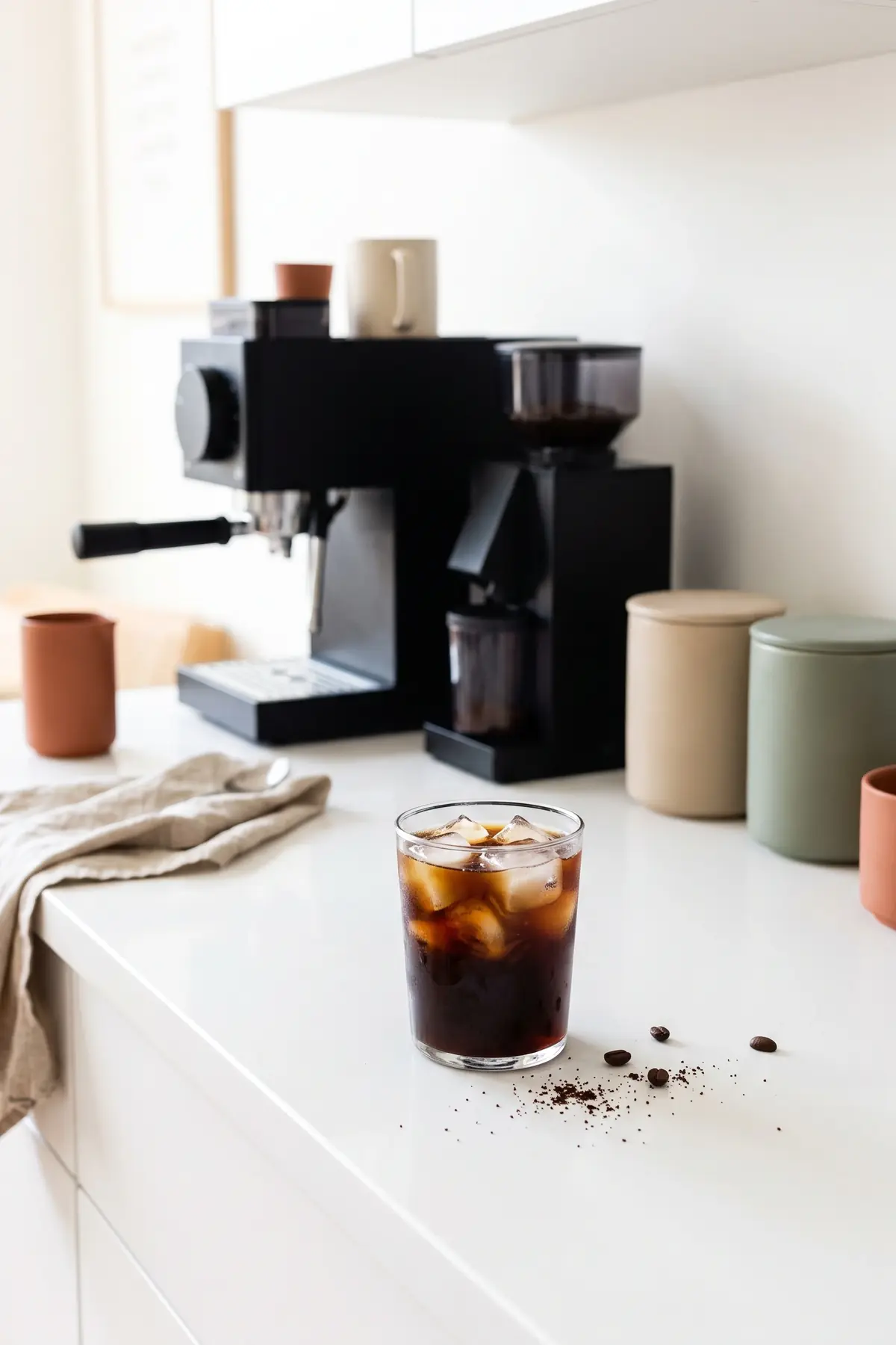 A minimalist coffee station with a sleek coffee machine, a grinder, and matching canisters