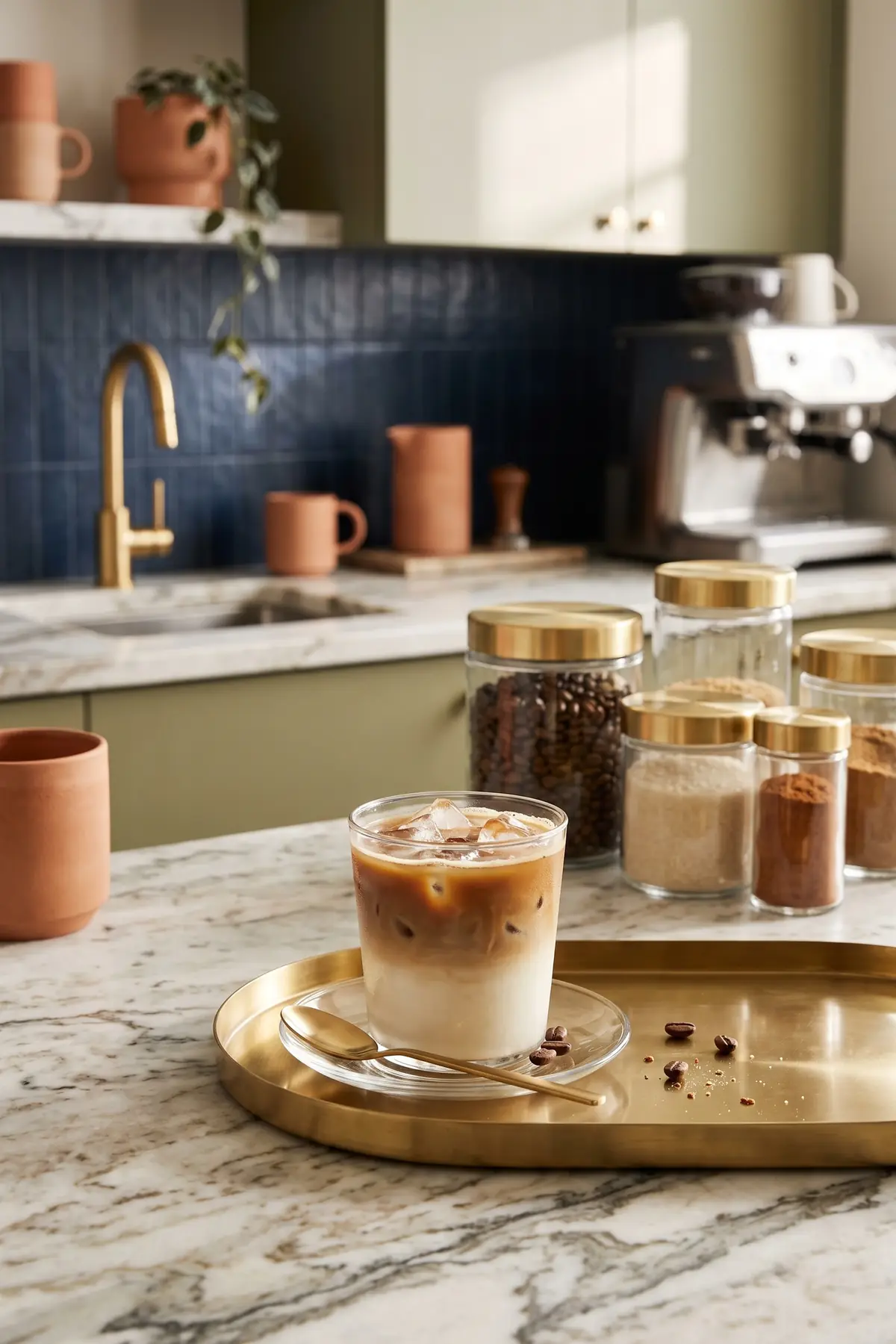 A marble and brass coffee bar with glass jars and an iced coffee on a brass tray