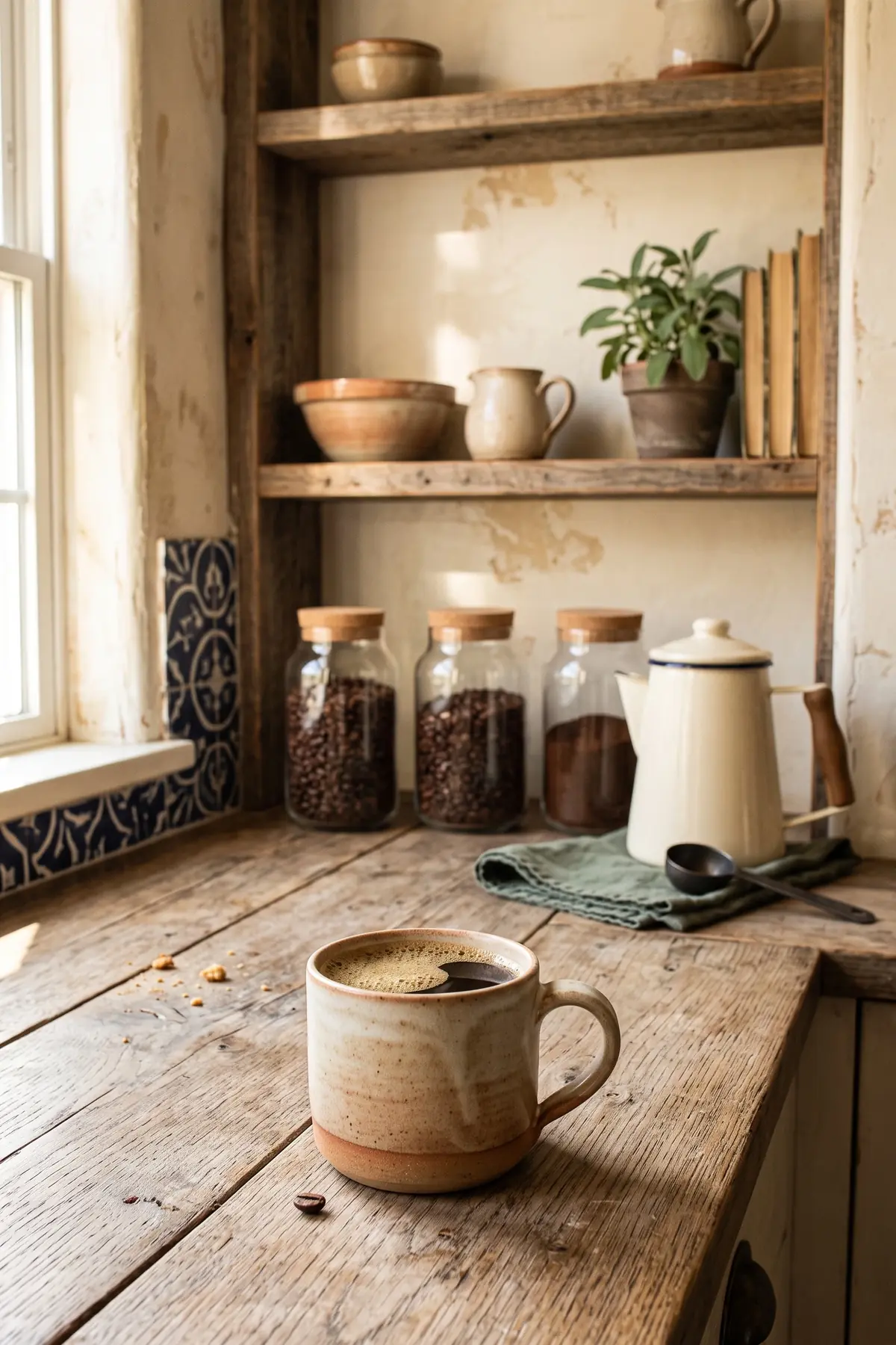 A rustic farmhouse coffee bar with reclaimed wood, open shelves, and mason jars
