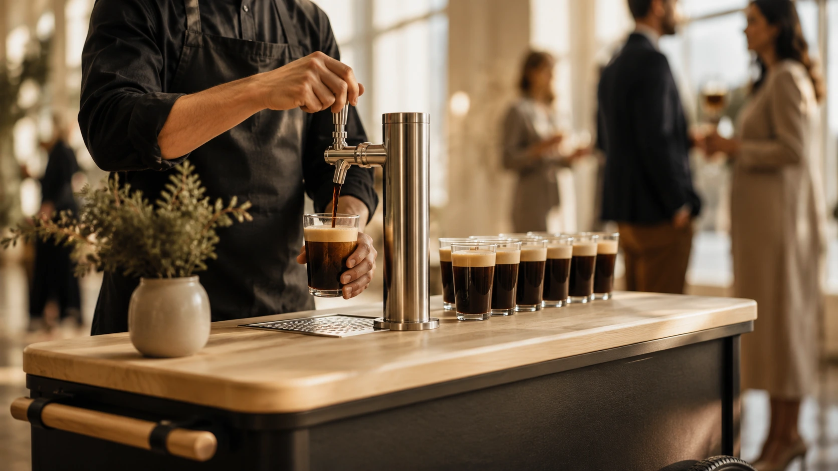 Coffee cart vs coffee station, barista pouring nitro coffee from a tap on a mobile cart
