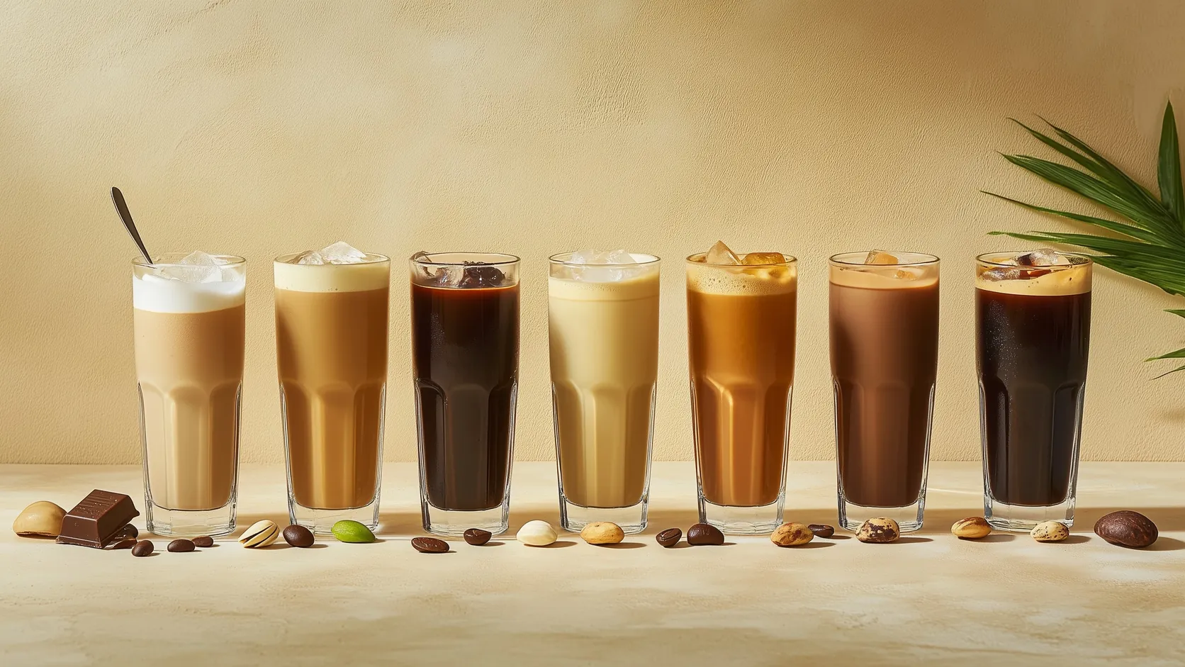 Seven iced coffees in different flavors lined up in tall glasses with chocolate, nuts, and coffee beans