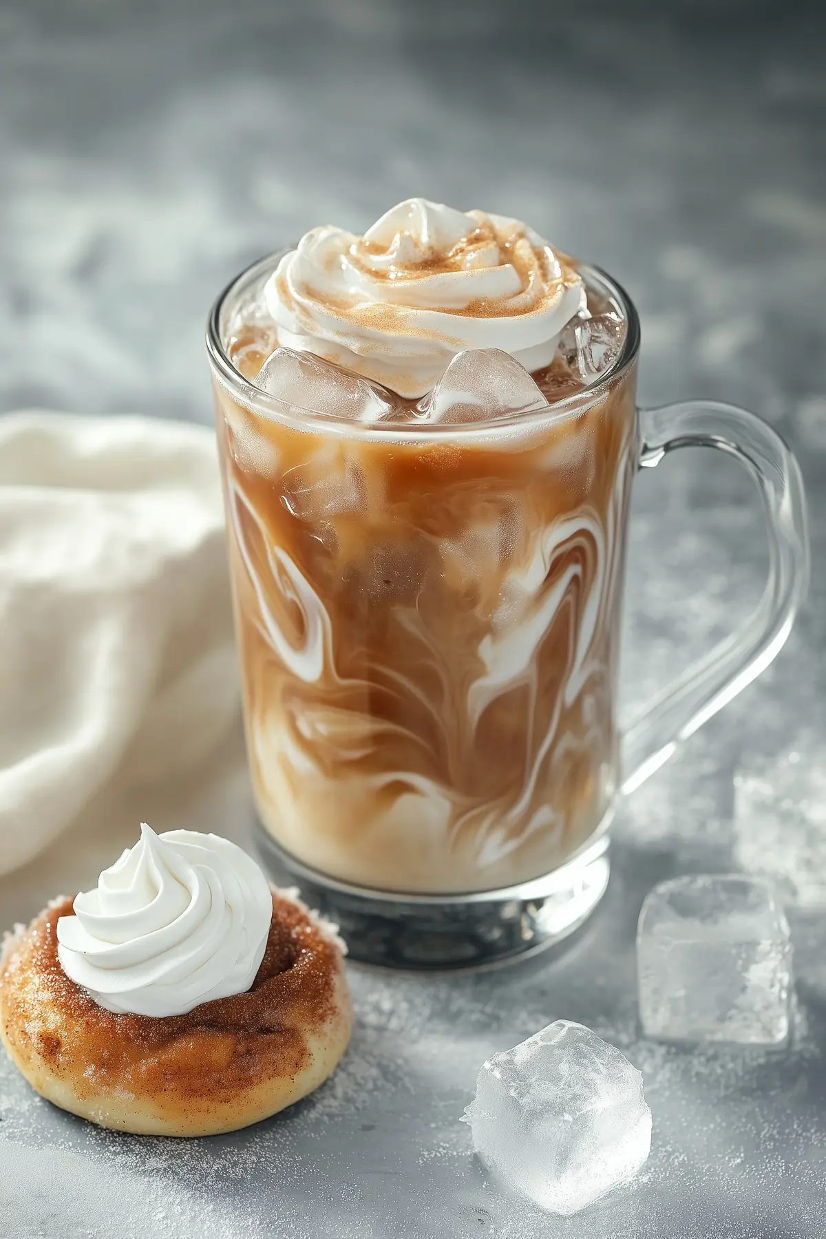 A glass of cinnamon roll iced coffee