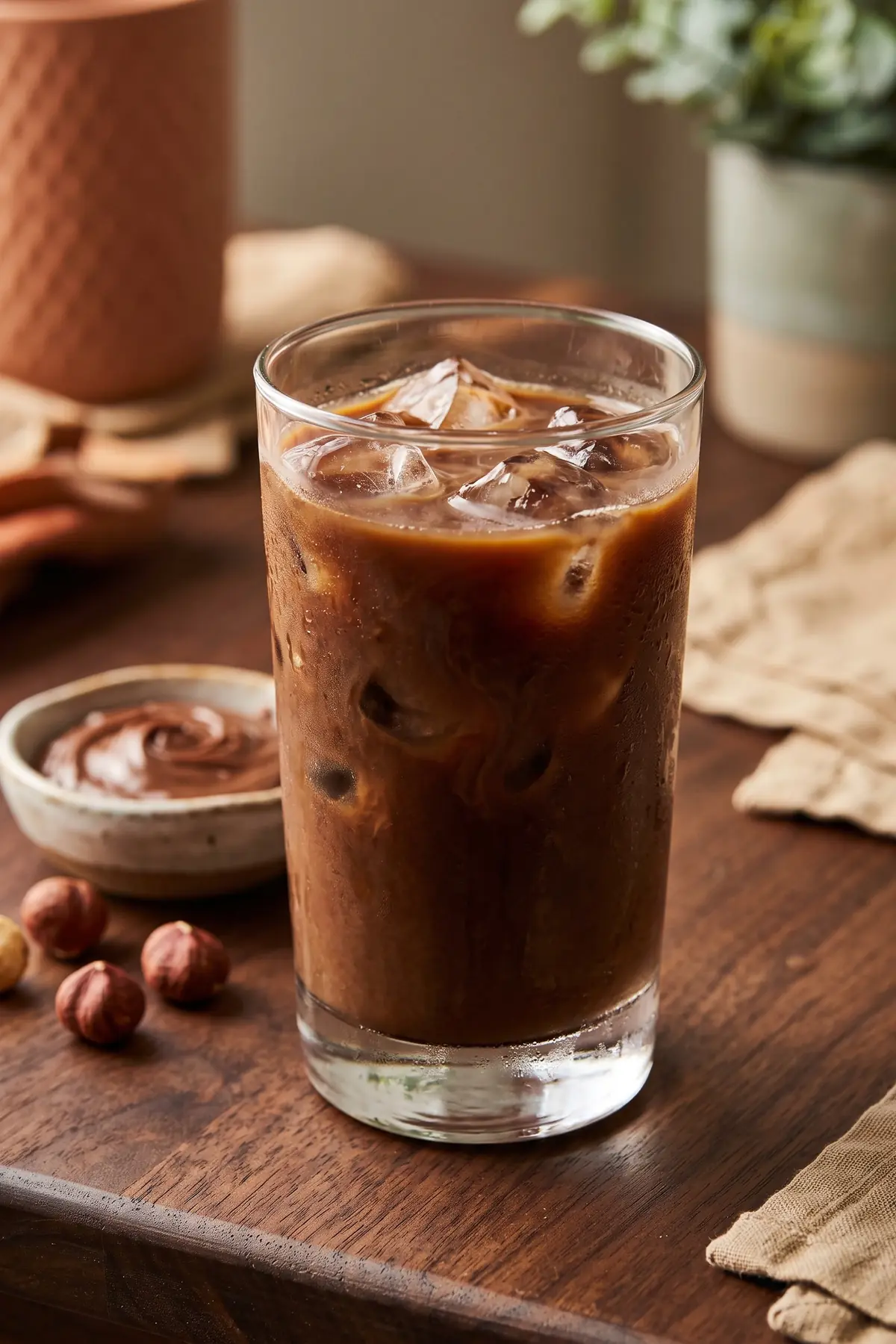 A glass of hazelnut and mocha iced coffee