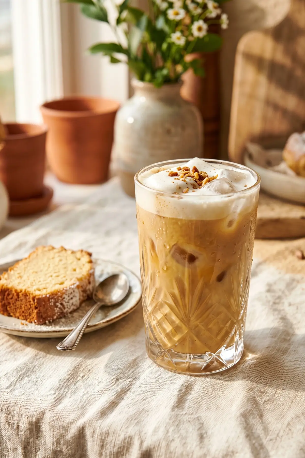 A glass of french vanilla and butter pecan iced coffee
