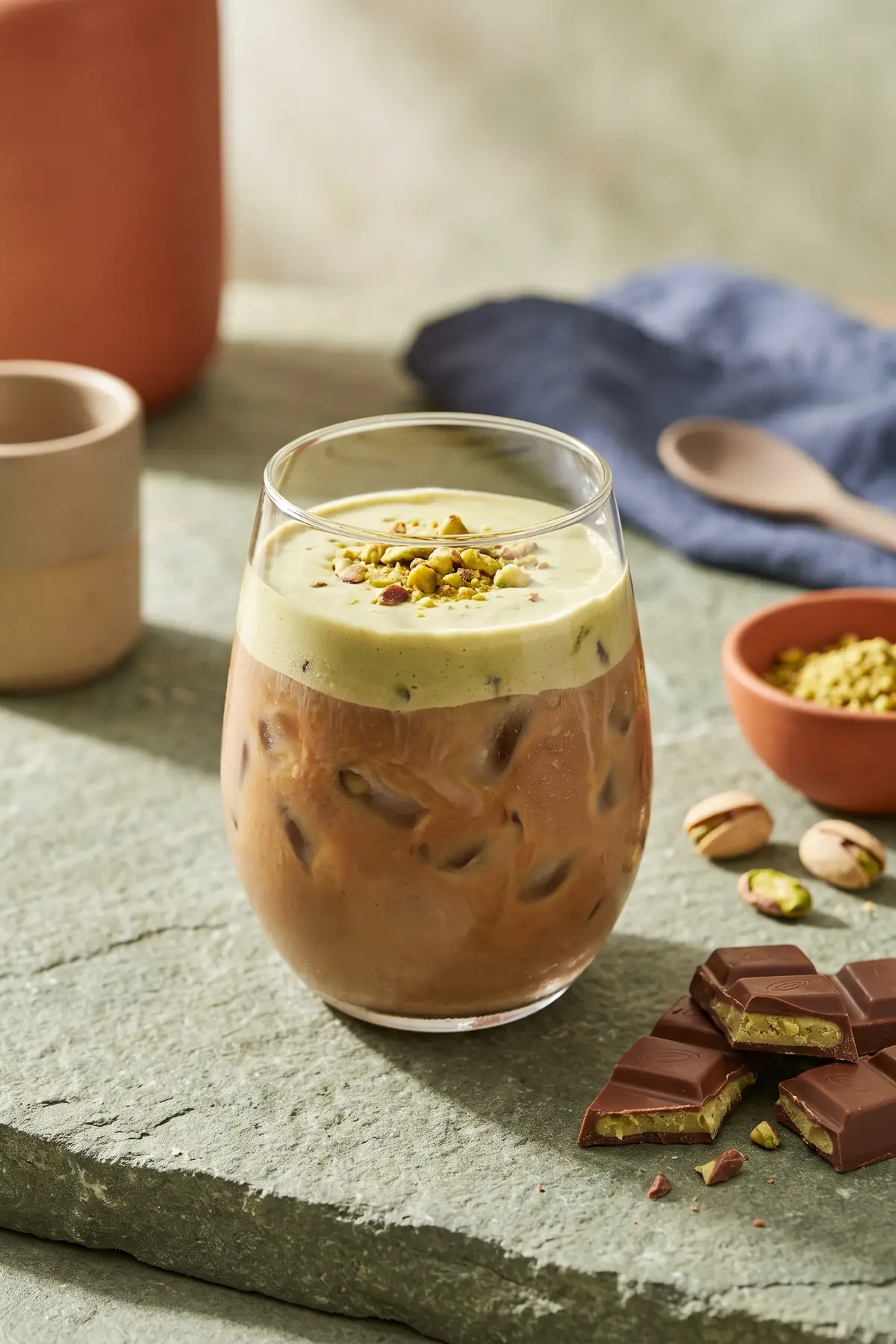 A glass of pistachio and mocha iced coffee