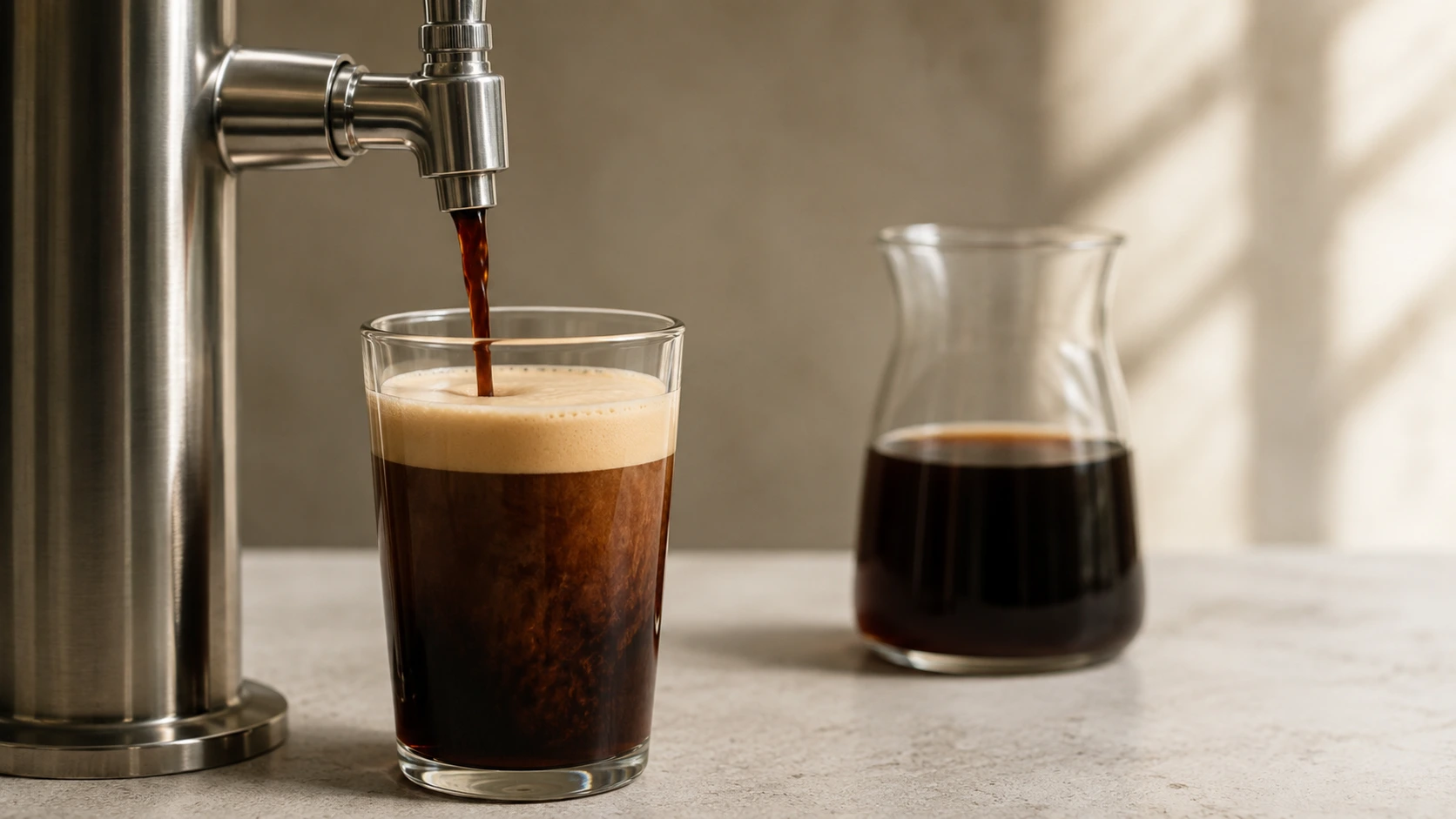 Nitro coffee vs cold brew, with nitro pouring from a tap beside a flat carafe of cold brew