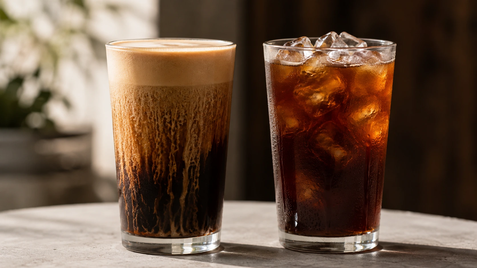 Nitro coffee vs iced coffee shown side by side, one glass with cascading foam and one over ice