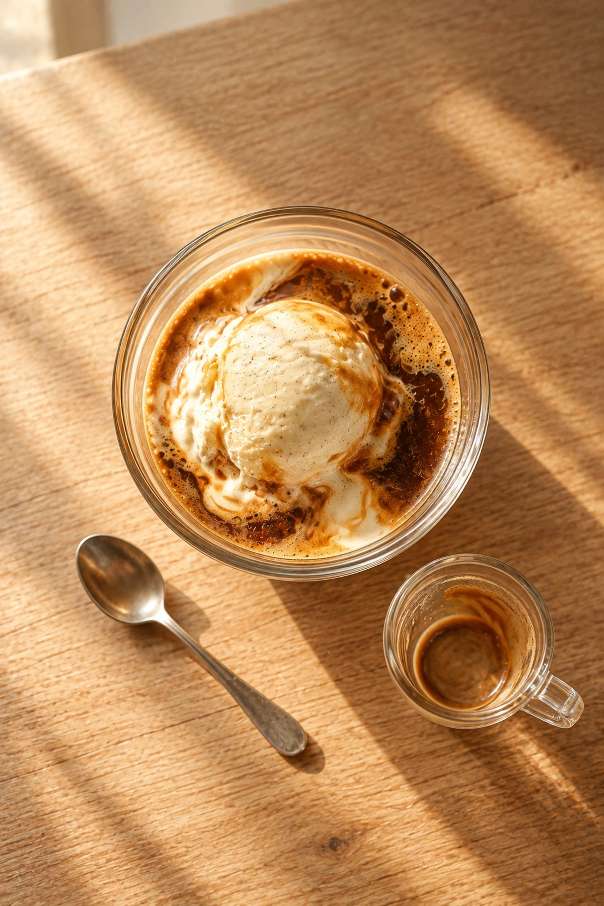 An affogato from above: a scoop of vanilla ice cream in espresso, with a spoon and a shot glass