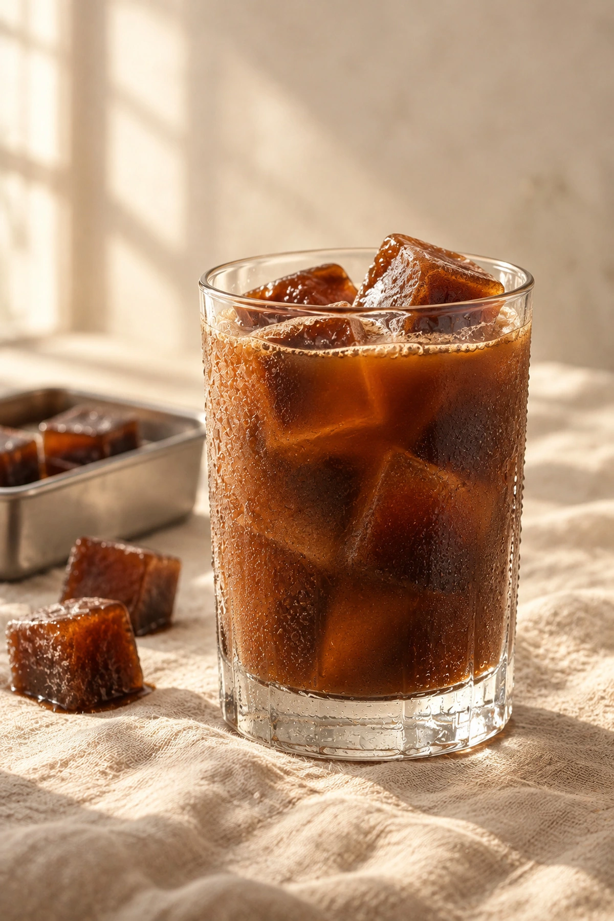 Iced coffee made with frozen coffee ice cubes, with more cubes in a tray beside it