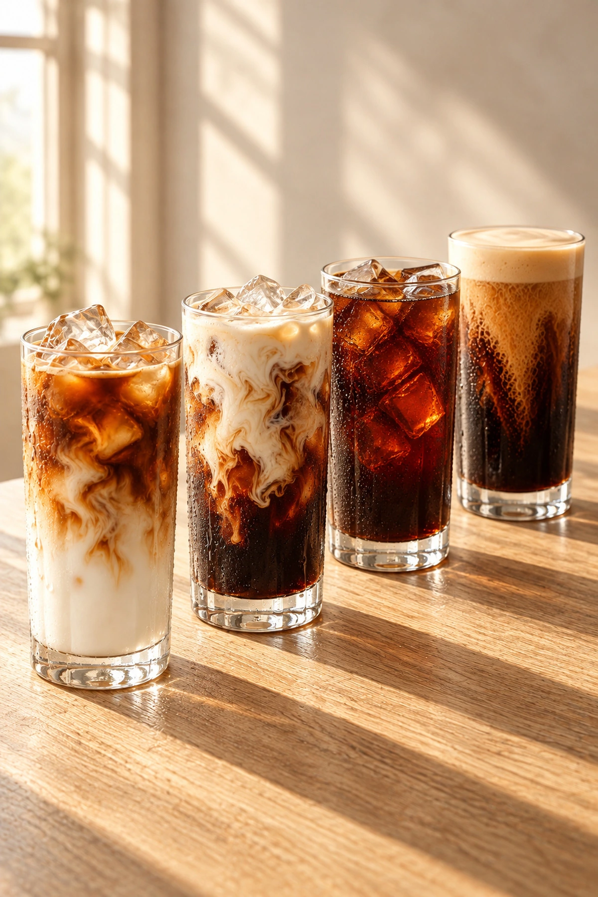 Four iced coffees in a row, from a milky latte to black cold brew