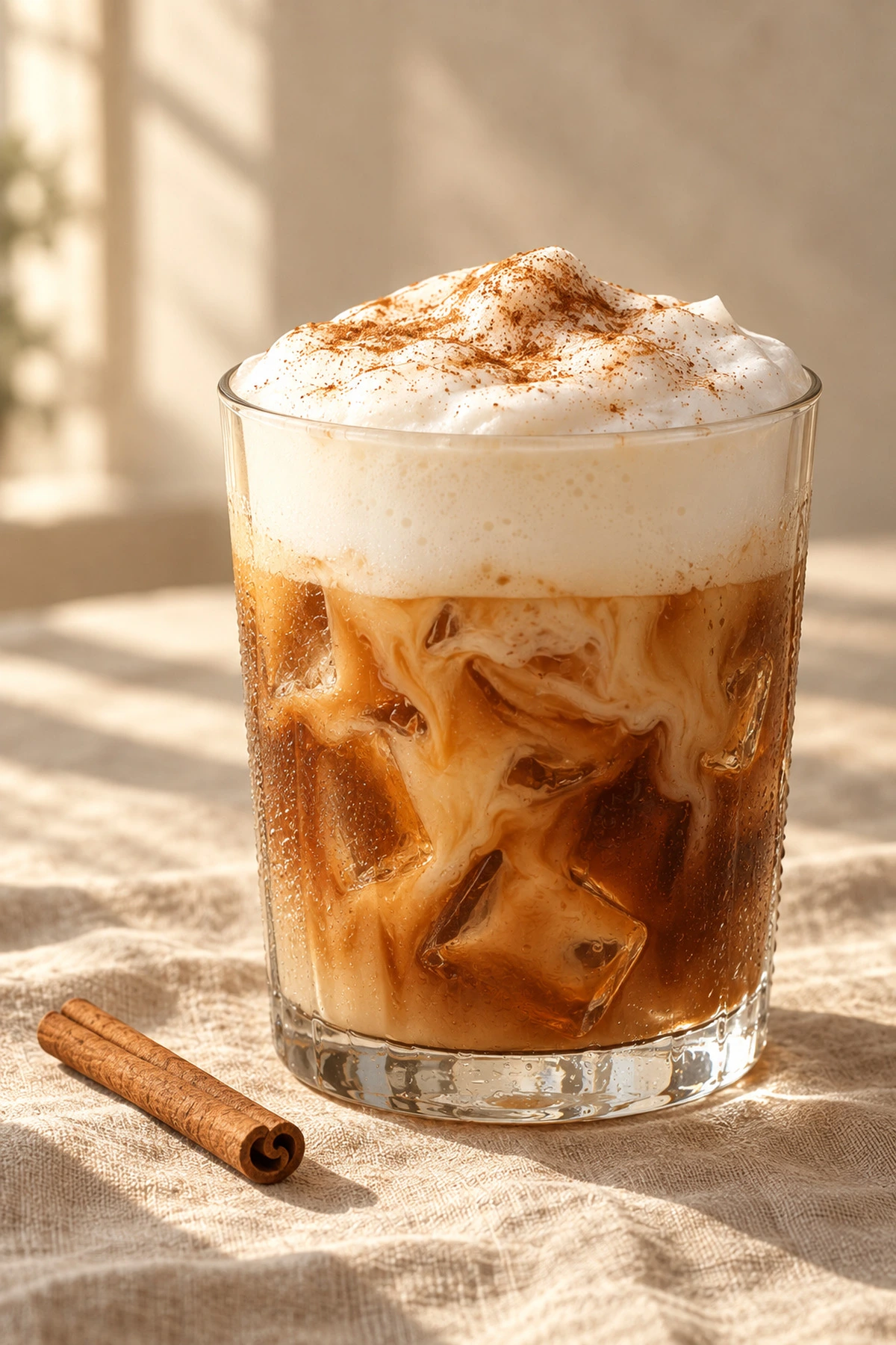 An iced cappuccino topped with thick milk foam and cinnamon, with a cinnamon stick beside it