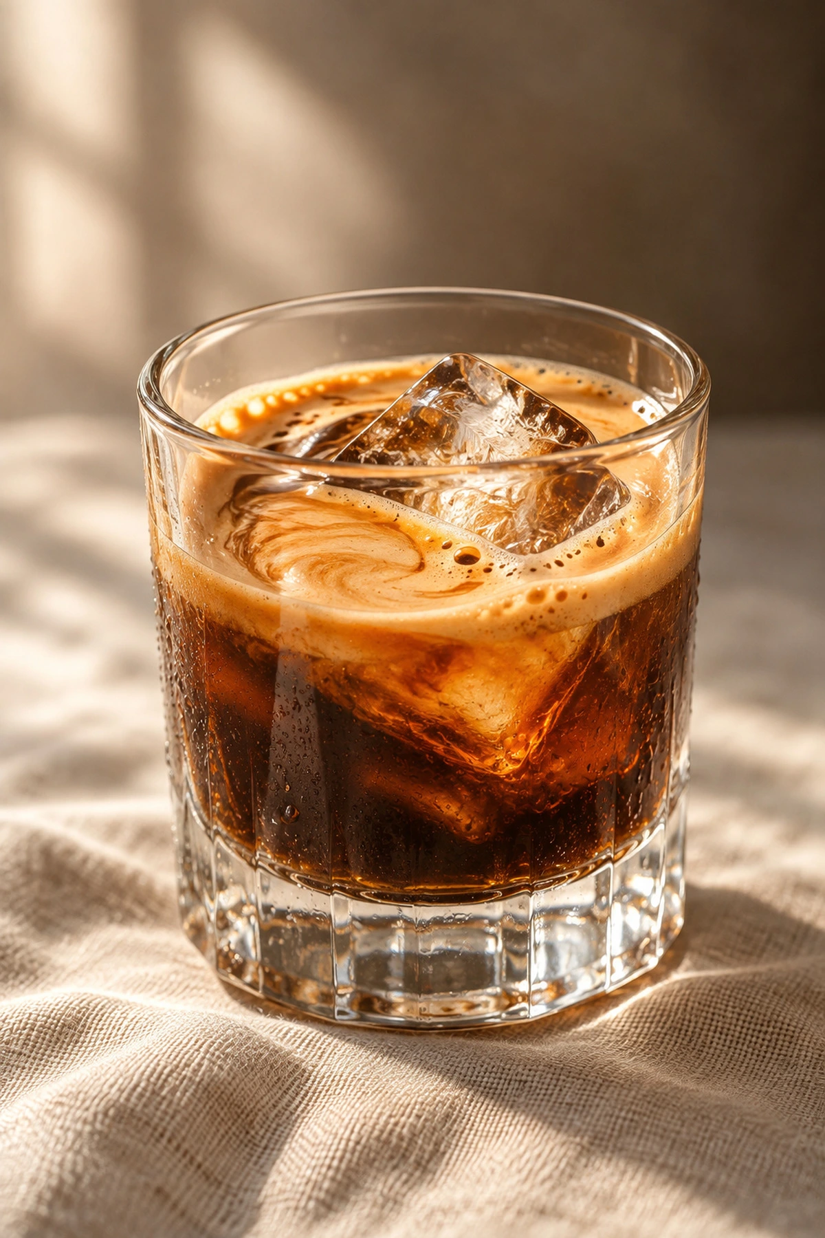 Iced espresso with a light crema over ice in a short glass