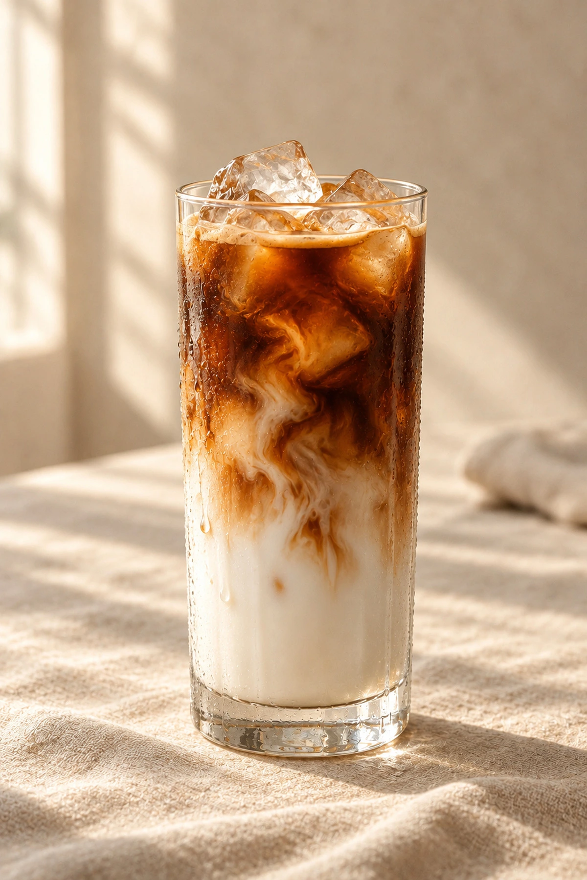A tall iced latte with espresso swirling into cold milk over ice