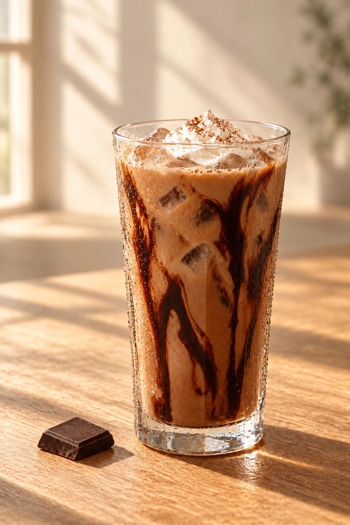 An iced mocha with chocolate syrup streaked down the glass and a square of dark chocolate