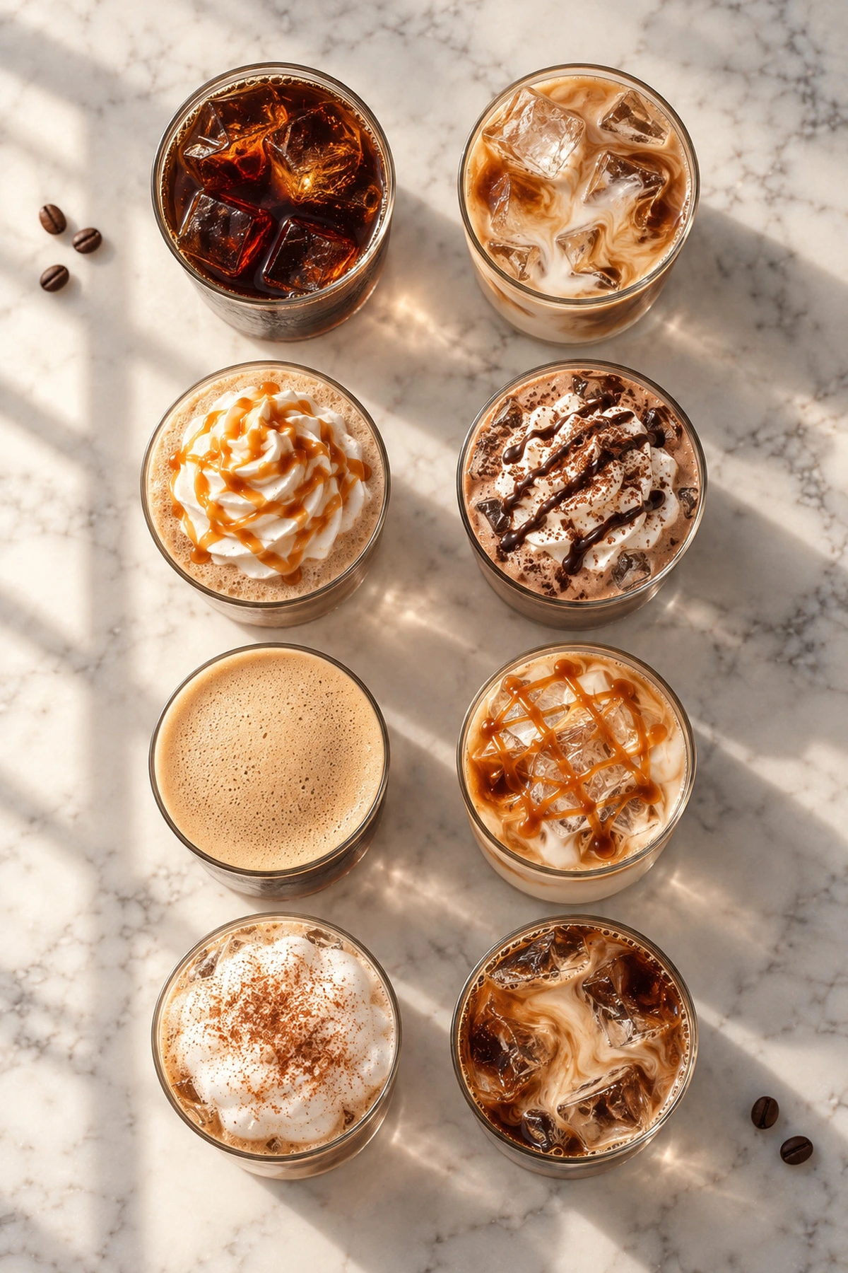 Eight types of iced coffee seen from above, from cold brew and an iced latte to whipped cream and mocha drinks