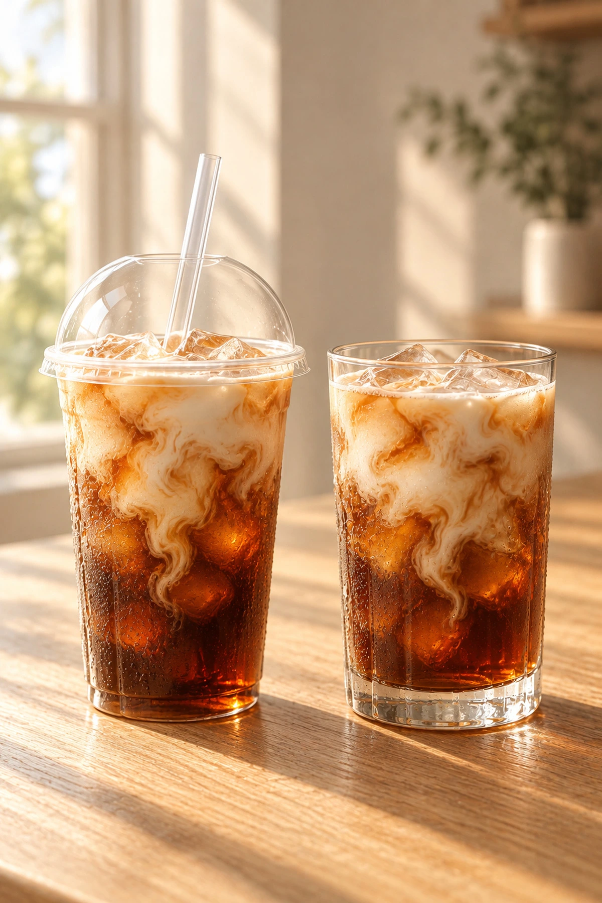 A takeaway vanilla sweet cream cold brew in a plastic cup next to a homemade glass