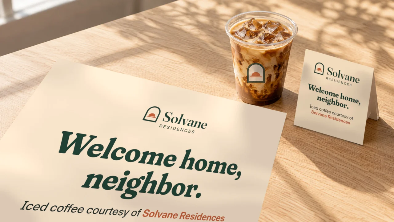 A branded iced coffee cup with a matching "Welcome home, neighbor" sign and table card