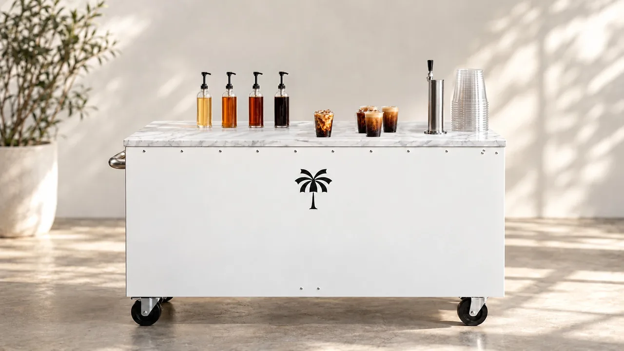 White coffee cart with syrup pumps, iced coffees, and a nitro tap