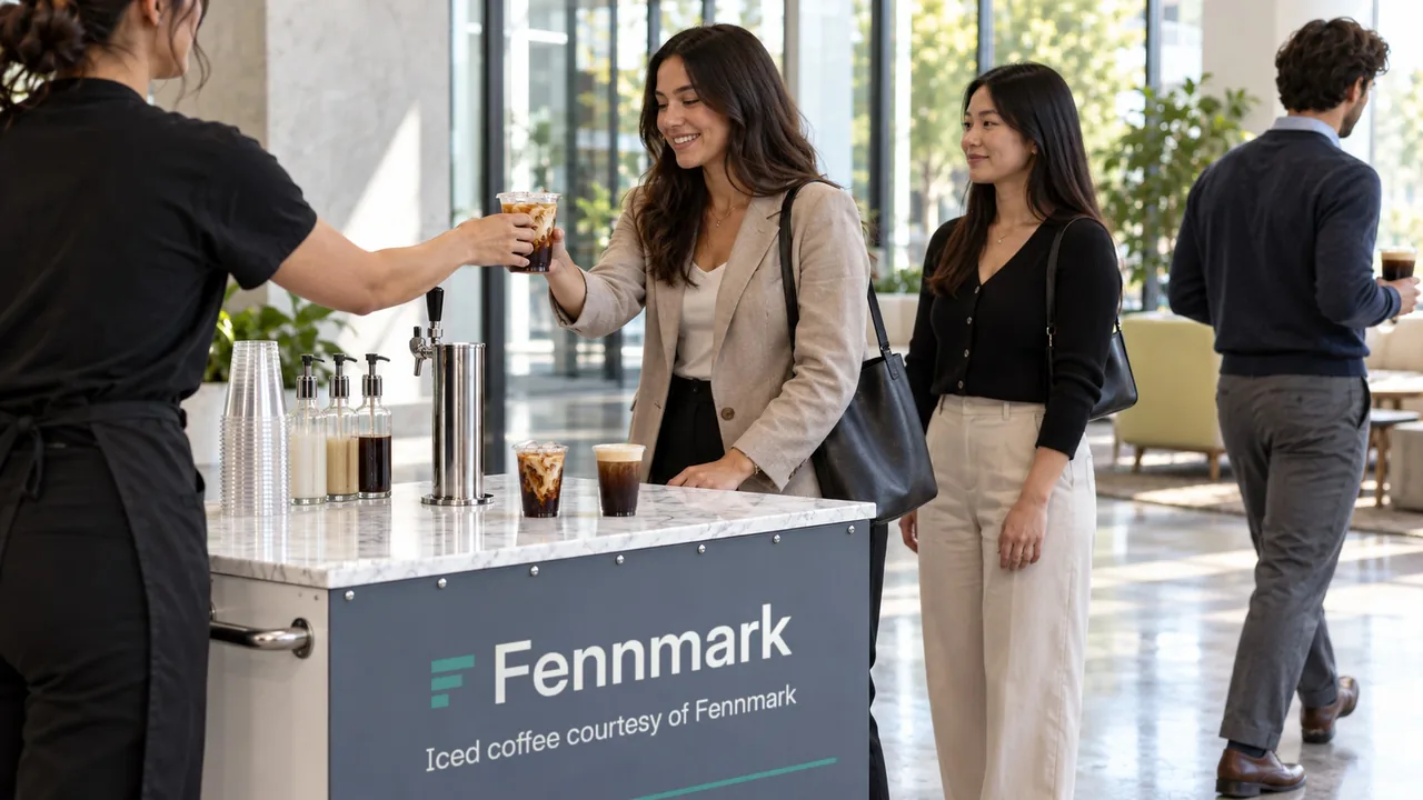 Barista passes an iced coffee to an employee at a branded cart in a glass-walled lobby