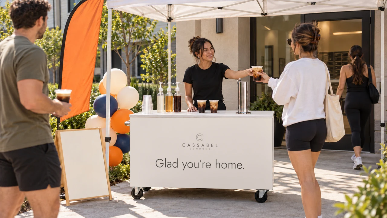 A barista hands an iced coffee to a resident at a branded cart outside the leasing office