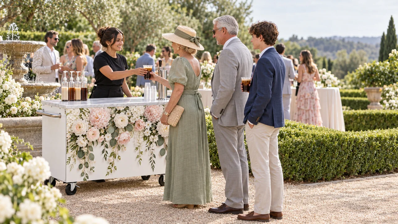 A barista hands iced coffee to wedding guests at a floral cart in a sunny garden