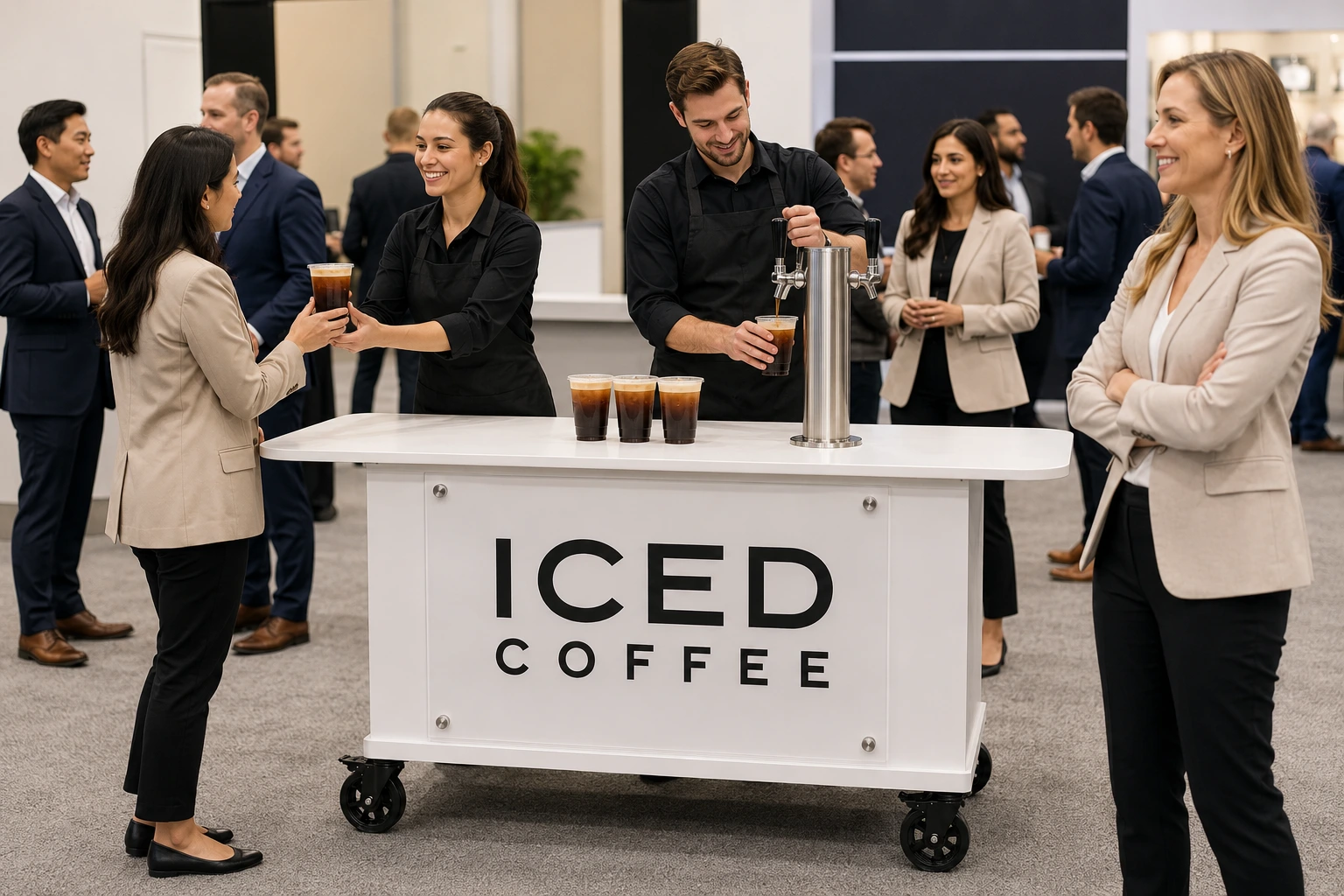 Mabu nitro coffee cart serving attendees at an Orlando convention booth.