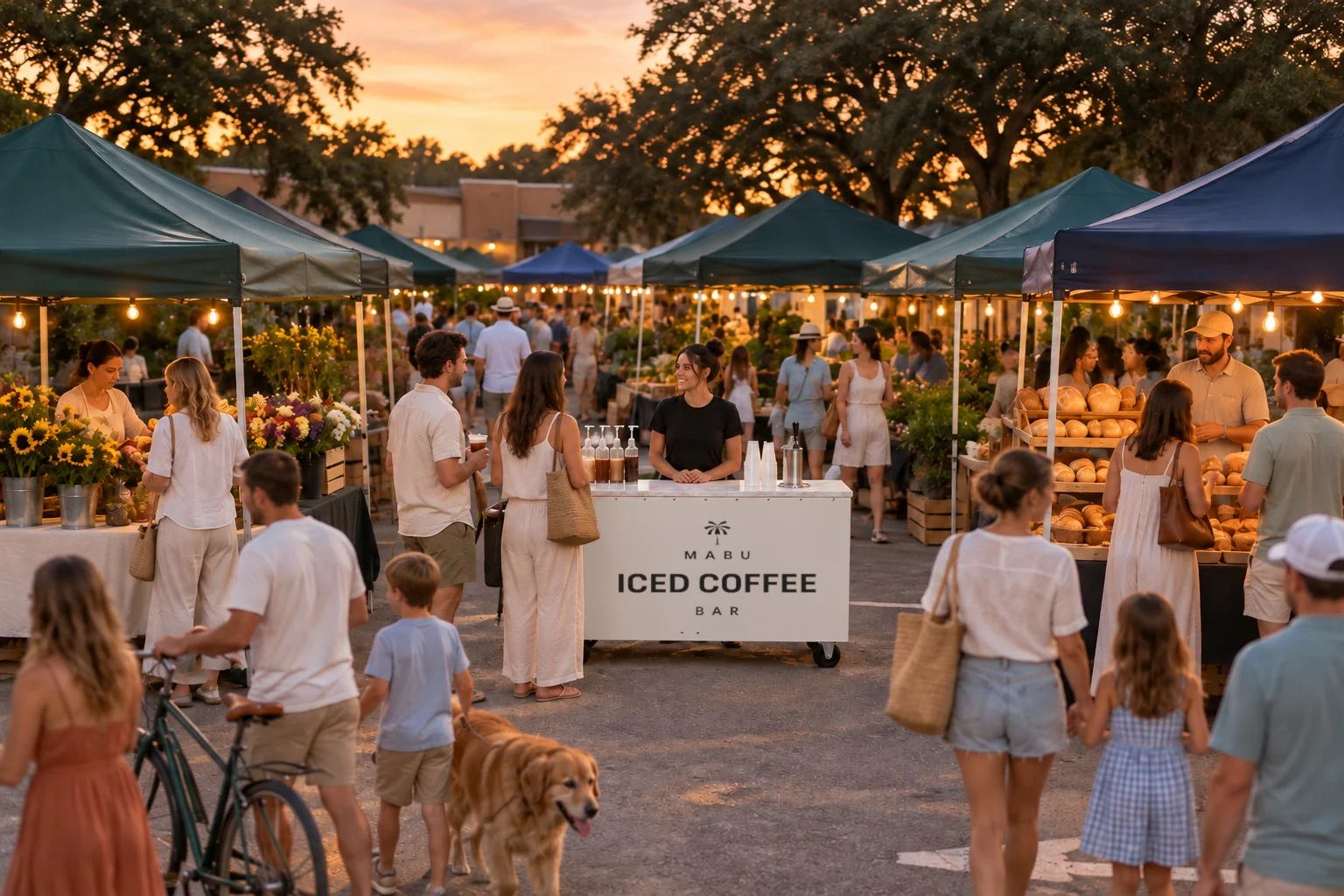 Shoppers and a dog walk a busy market aisle past the Mabu iced coffee cart at golden hour