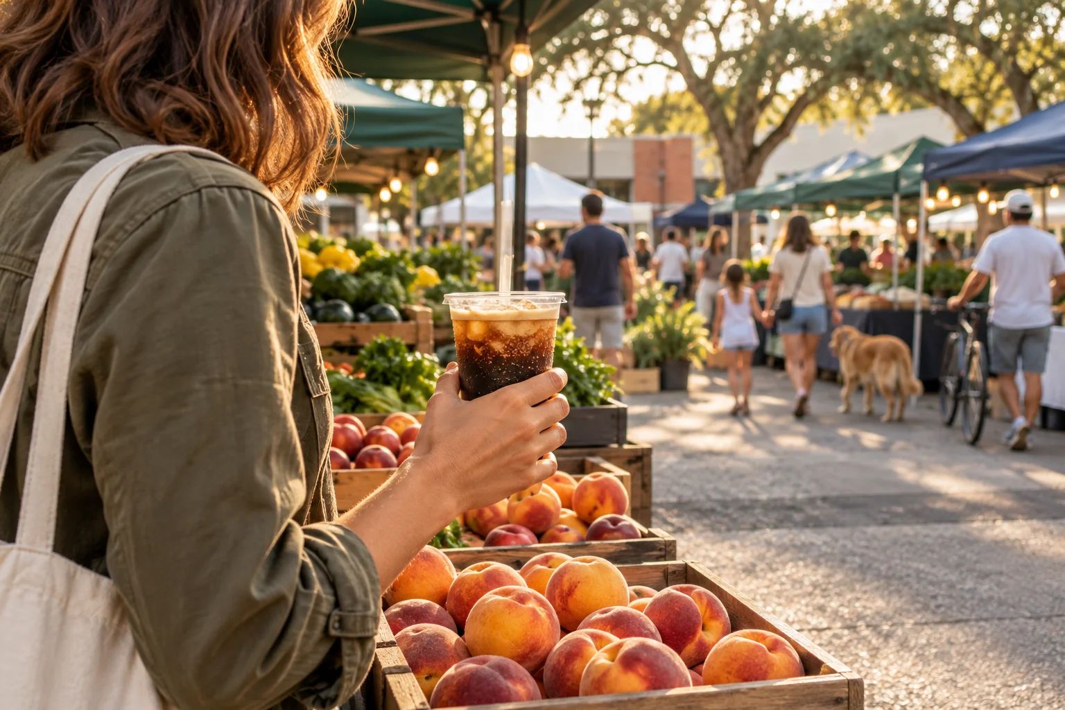 A shopper holds an iced cold brew over a crate of peaches at a farmers market