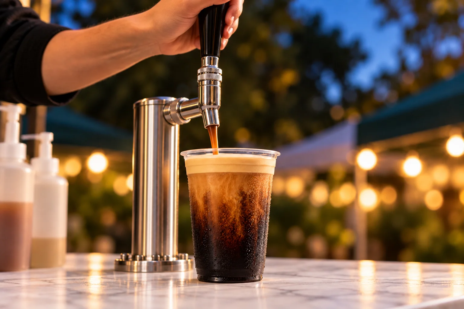 Nitro cold brew filling a cup from the tap, with market string lights behind