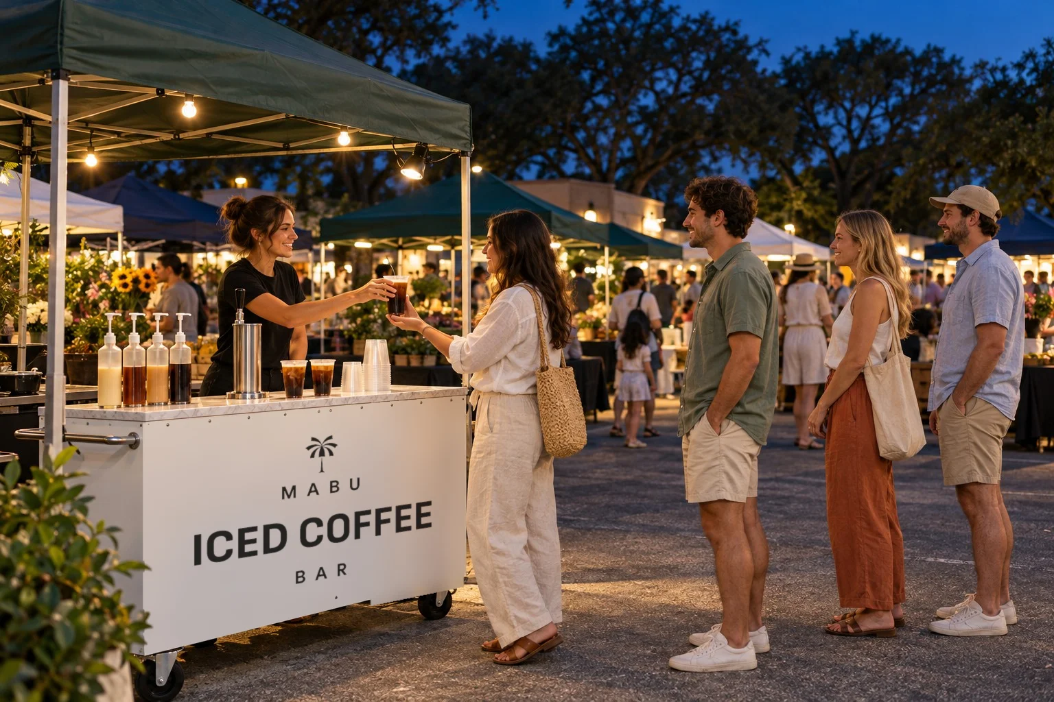 The compact Mabu iced coffee cart serving a short line at an evening market