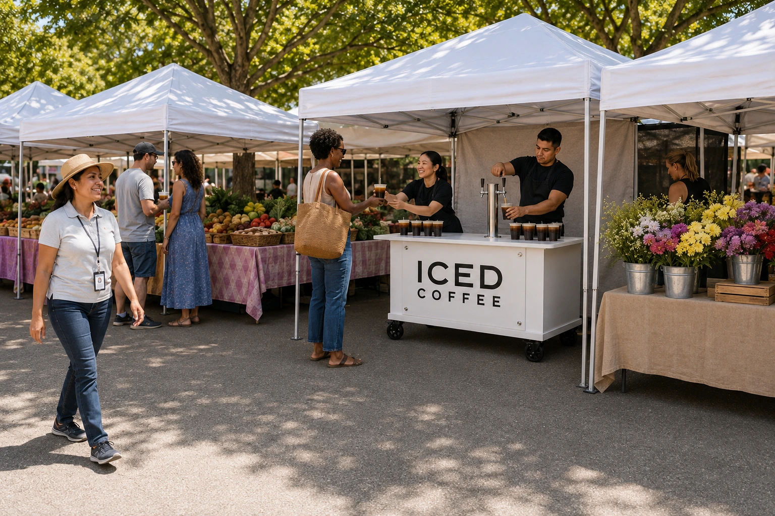 Mabu baristas serving nitro iced coffee to shoppers at a Central Florida farmers market.