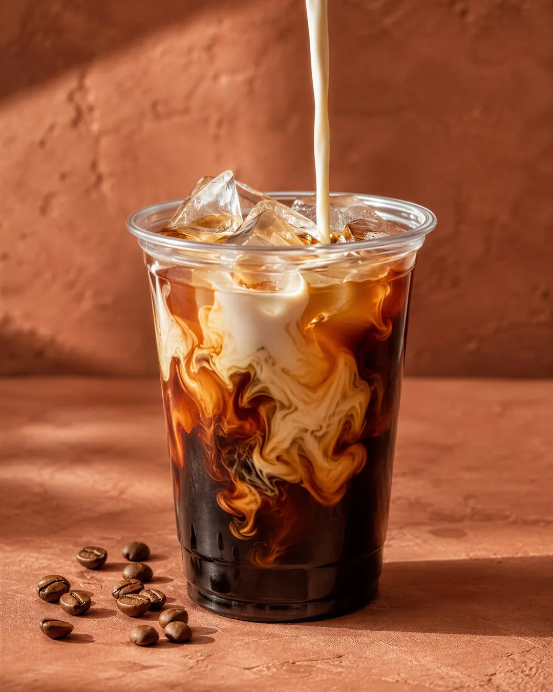 Cream pouring into a cup of iced coffee