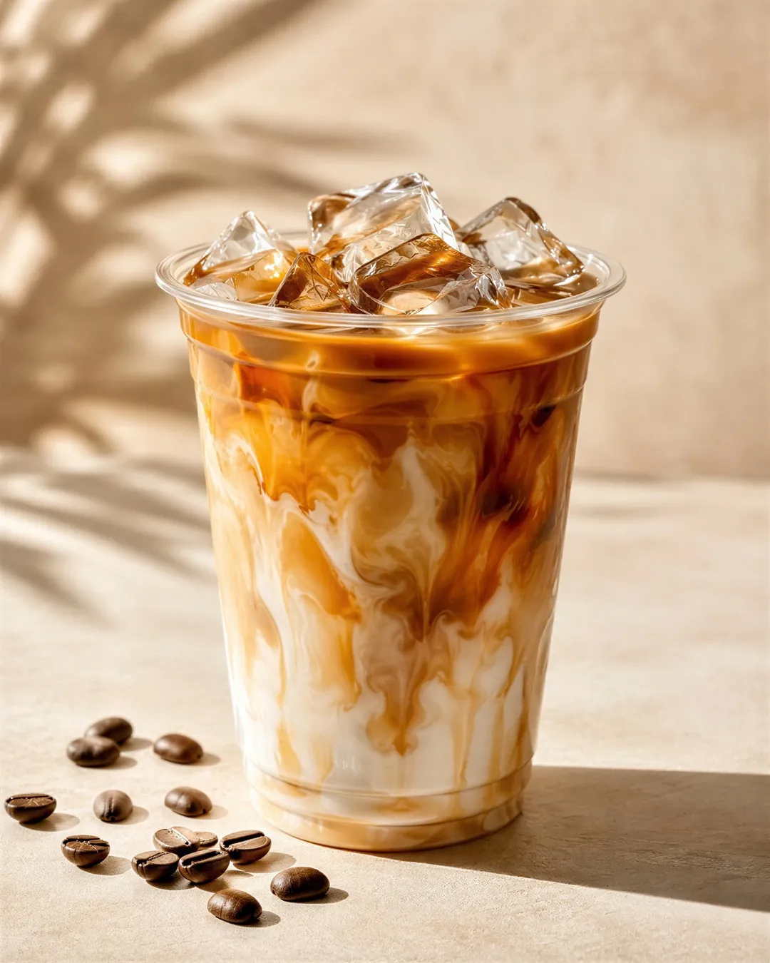 Iced coffee with cream swirl in a clear cup on sand