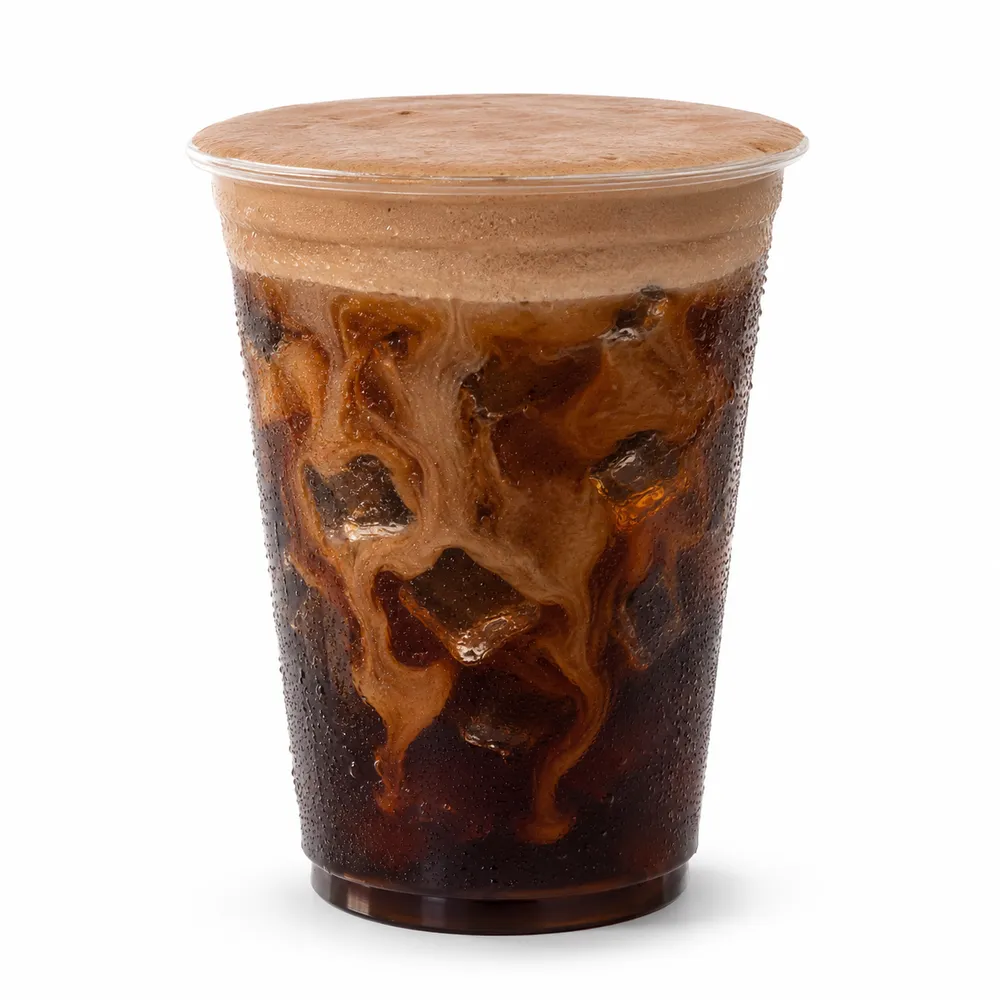 Mabu Mocha Nitro Cold Brew iced coffee with a cascading chocolate crema, served in a clear cup over ice