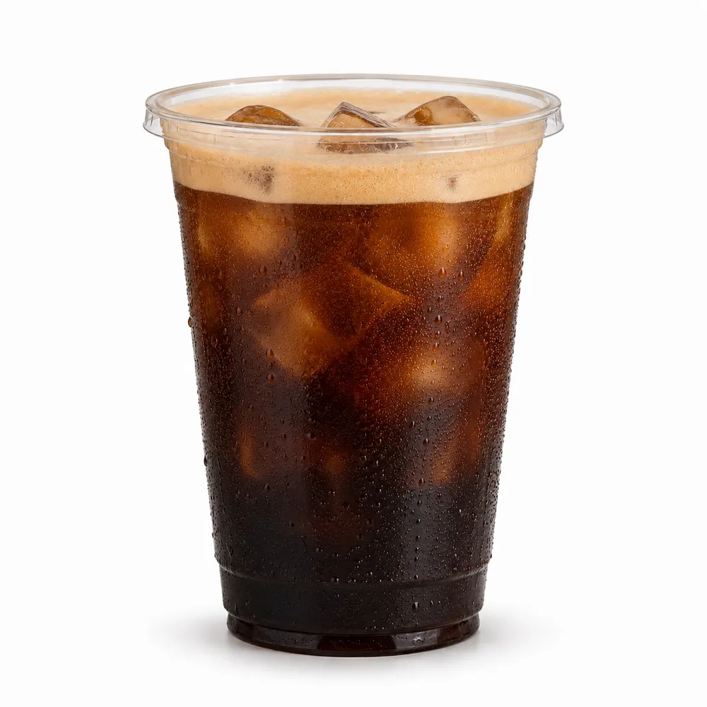 Mabu Plain Nitro Cold Brew iced coffee cascading over ice in a clear cup, no cream added