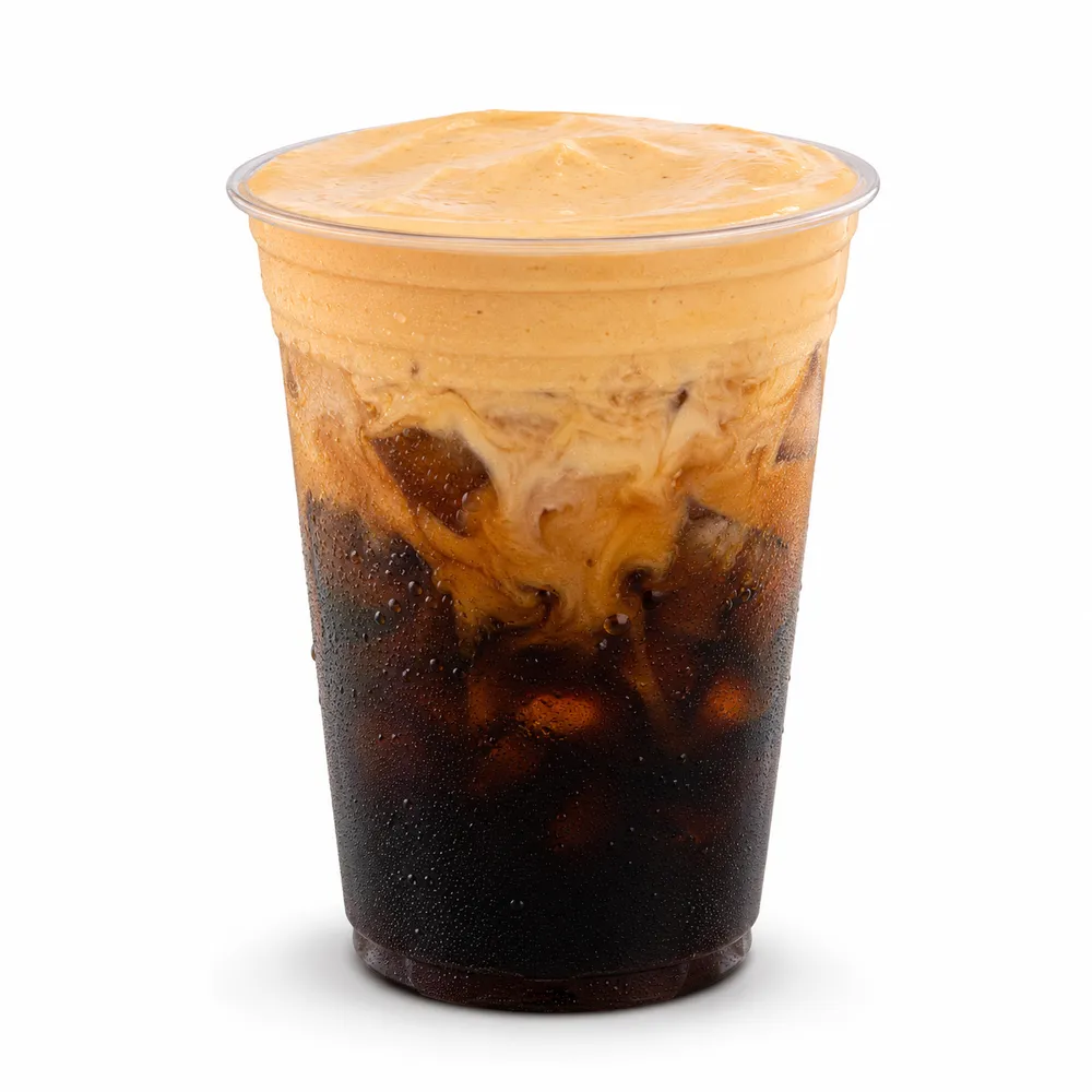 Mabu Pumpkin Cream Nitro iced coffee topped with pumpkin spice cold foam over cascading cold brew