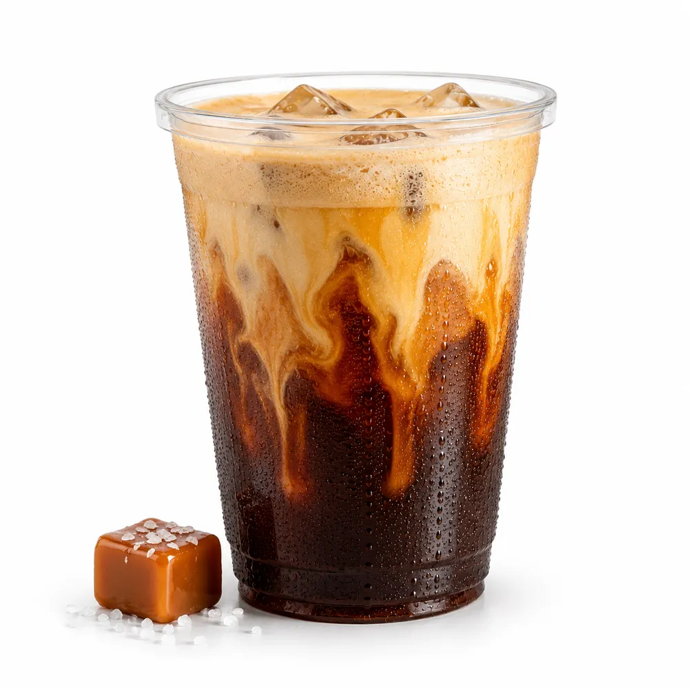 Mabu Salted Caramel Cream Nitro iced coffee with caramel cold foam swirled into cascading cold brew