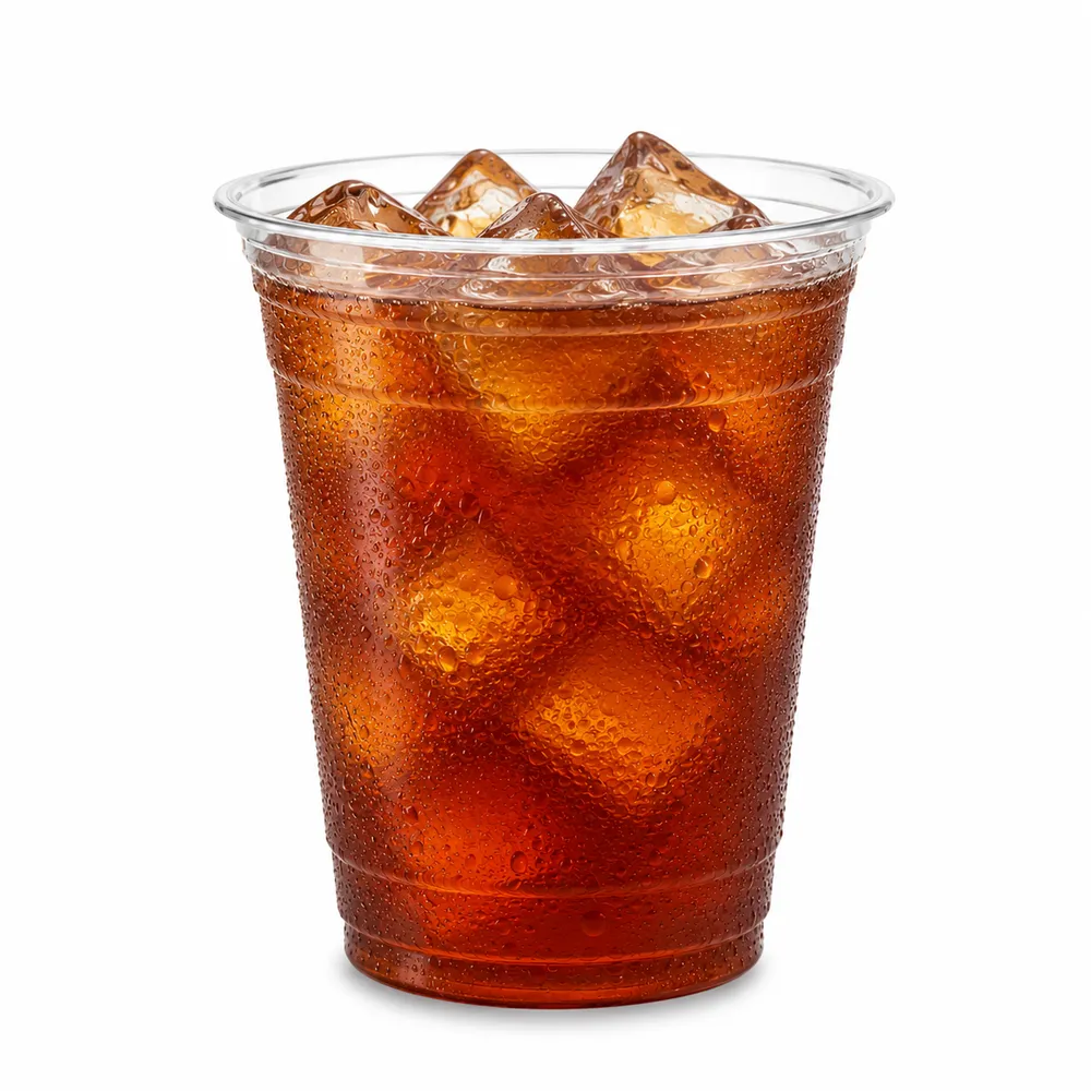 Mabu Unsweetened Black Iced Tea served over ice in a clear cup