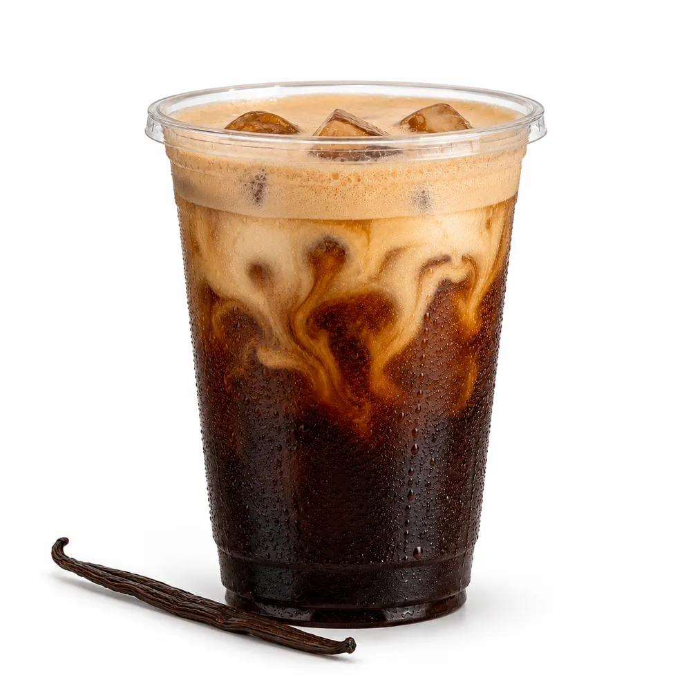 Mabu Vanilla Sweet Cream Nitro iced coffee with vanilla cold foam swirling into cascading nitro cold brew