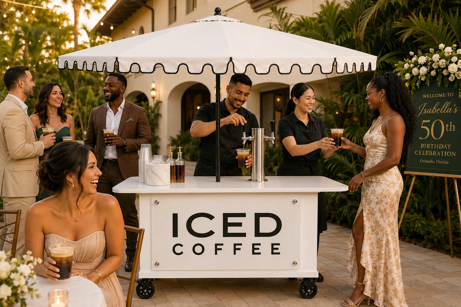 Mabu baristas serving nitro iced coffee from a mobile cart at a private Orlando event.